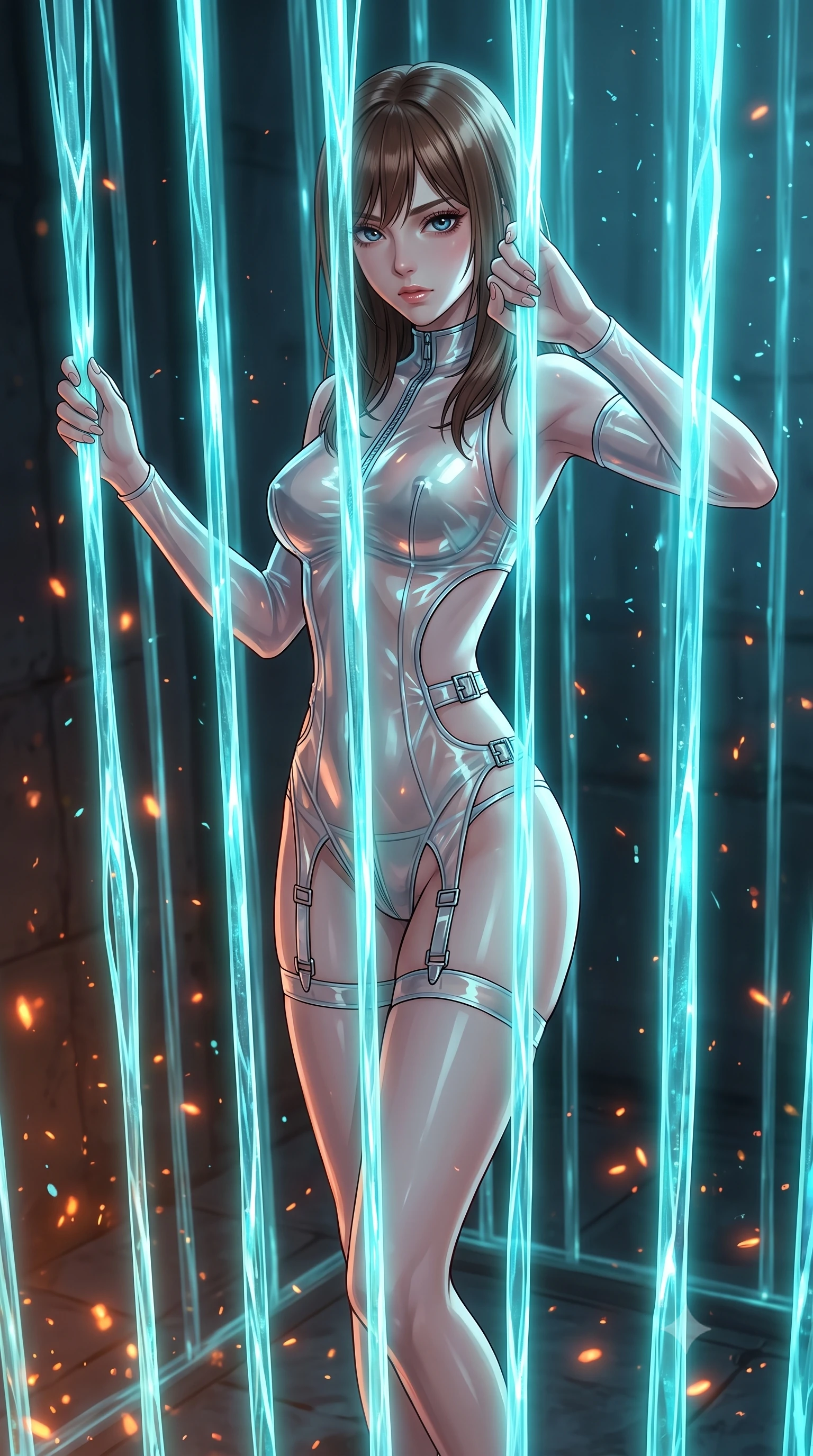 score_9, masterpiece, best quality, ultra-detailed, High-budget Anime Keyframe, East Asian woman. Dynamic full-body shot stretching the vertical silhouette to the limit. Scenario 382: trapped in a cage of glowing crystalline fibers, her body pressing against the bars, in a quiet chamber filled with glowing embers and floating ash particles. Her presence is magnetic and overpowering in this high-budget anime scene. Outfit 382: a slim-fit translucent PVC garter with a strategic side cut-outs and metallic buckles. The clothing is designed to emphasize her exceptionally tall and slender 8-heads proportion. 8-heads proportion, towering silhouette, ultra-slim waist. sharp v-shaped jawline, intricate jewel-like eyes with depth, thick eyelashes, glossy lips. 2k, ultra detail, master piece, 9:16 ratio