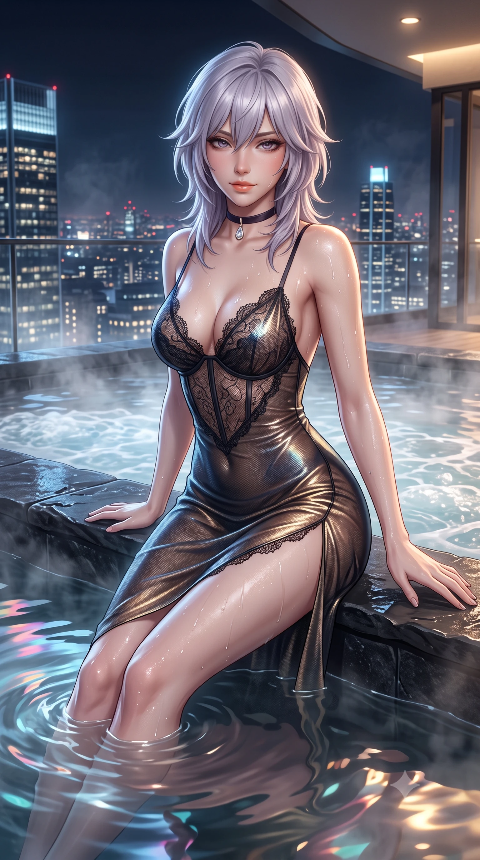 score_9, masterpiece, best quality, ultra-detailed, high-budget anime keyframe, semi-realistic 3D game render, editorial fashion photography, tasteful artistic composition, Japanese woman. close-up cowboy shot from the waist and thighs up, the character dominates the composition, filling the frame with her large presence. leaning forward while arching her lower back to accentuate her curvy hips, looking into the camera with an intoxicating smoldering gaze and bedroom-eyes while lounging in the steaming water propped on the dark stone rim with legs extended, her statuesque 8.5-heads silhouette commanding the metropolis. The surrounding environment is rendered in vivid detail and crisp panoramic clarity: detailed sculpted underwire corset in sheer British lace, exposed boning, sheer pencil skirt slit, and modern skyscraper architecture in high resolution. She has an exceptionally elegant, slender, and willowy female figure with an ultra-slim waist, flat toned midriff, narrow ribcage, and sculpted feminine hips creating an alluring, slim hourglass silhouette without bulk. sharp v-shaped jawline, high-bridge nose, intricate jewel-like sparkling eyes with depth, thick eyelashes, glossy parted lips with a natural peach sheen, bright cheerful beaming smile with an enchanting and coquettish sensual glint, exuding both youthful cute charm and seductive allure, flawlessly proportioned anatomical accuracy, strict slender model proportions, natural body alignment, perfectly sculpted long slender limbs, ultra-slim waistline, clean dynamic posture without body distortion. wearing an alluring backless sheer holographic mesh slip dress with high thigh slit clinging smoothly to her dewy skin in deep midnight obsidian black and liquid champagne gold, made of delicate semi-sheer French Chantilly lace with intricate eyelash edges, finished with a thin velvet ribbon choker and a single teardrop diamond pendant, the second-skin tailored fabric adhering flawlessly to her sculpted flat midriff and slender torso, emphasizing her long leg lines and perfectly proportioned willowy build. bathed in the cool ambient glow of the illuminated London skyline mixed with warm 2800K recessed cove downlights. highly saturated vibrant anime colors, detailed shading with soft gradients, rich glossy textures, high-contrast stereoscopic depth, volumetric dynamic lighting, master piece, 9:16 ratio