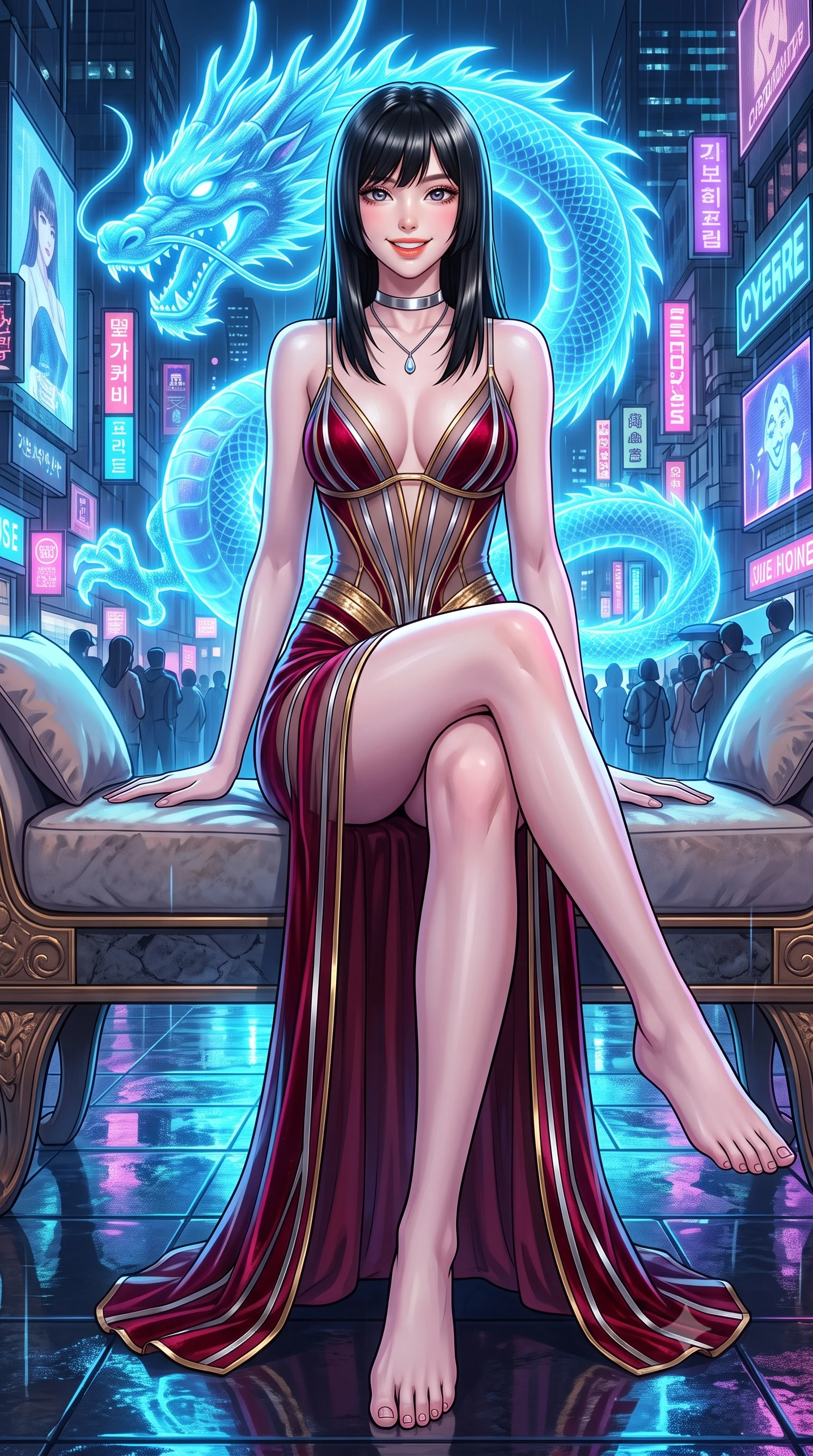 score_9, masterpiece, best quality, ultra-detailed, high-budget anime keyframe, semi-realistic 3D game render, editorial fashion photography, tasteful artistic composition, Caucasian woman. low angle full-body shot from head to toe showing her feet, filling the entire 9:16 vertical frame with her statuesque presence, stretching her vertical silhouette. lounging on the lavish daybed with legs crossed and hips angled toward the camera, displaying her toned midriff and long slender limbs with effortless siren poise while lounging gracefully on the heated stone bench with legs extended, displaying her long slender legs and statuesque hourglass silhouette amid rain-washed neon. The surrounding environment is rendered in vivid detail and crisp panoramic clarity: detailed garment styling, crisp anime lines, and futuristic Korean metropolis architecture in high resolution. She has an exceptionally tall and slender model-like 8.5-heads proportion, an ultra-slim waist, a flat toned midriff, narrow delicate ribcage, and beautifully sculpted feminine hips creating a graceful, slim hourglass silhouette without any bulky heaviness, with impossibly long slender legs. sharp v-shaped jawline, high-bridge nose, intricate jewel-like sparkling eyes with depth, thick eyelashes, glossy parted lips with a natural peach sheen, bright cheerful beaming smile with an enchanting and coquettish sensual glint, exuding both youthful cute charm and seductive allure, flawlessly proportioned anatomical accuracy, strict slender model proportions, natural body alignment, perfectly sculpted long slender limbs, ultra-slim waistline, clean dynamic posture without body distortion. wearing a plunge-front sheer illusion tulle slip dress with liquid platinum ribbon stripes hugging her curves in Cyber-Baroque gilded gold and royal crimson velvet, tailored from high-density tech-wool with subtle metallic thread weave, finished with a minimalist chrome choker and a single teardrop diamond pendant, the glove-like clinging cut tightly following the natural contour of her hips and long slender legs with youthful 8.5-heads elegance. bathed in the glowing azure radiance of the monumental holographic dragon mixed with neon street reflections. highly saturated vibrant anime colors, detailed shading with soft gradients, rich glossy textures, high-contrast stereoscopic depth, volumetric dynamic lighting, master piece, 9:16 ratio