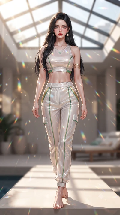 score_9, masterpiece, best quality, ultra-detailed, high-budget anime keyframe, editorial fashion photography, tasteful artistic composition, Korean woman. low angle full-body shot from head to toe showing her feet, filling the entire 9:16 vertical f