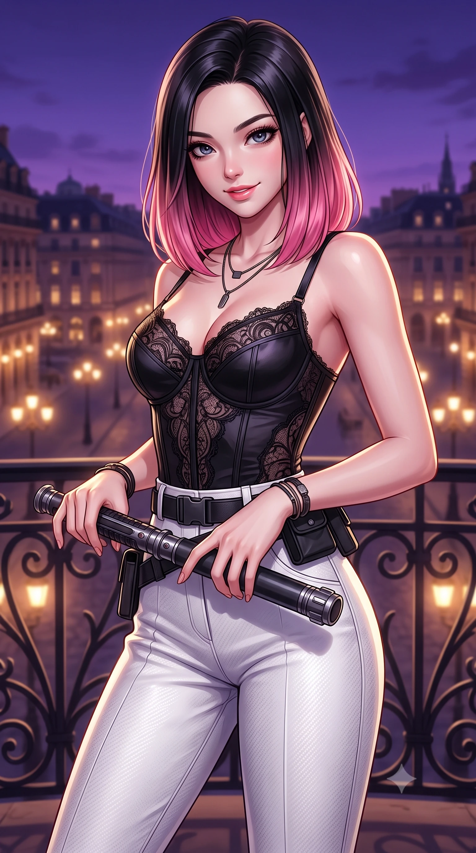 score_9, masterpiece, best quality, ultra-detailed, high-budget anime keyframe, editorial fashion photography, tasteful artistic composition, Korean woman. close-up cowboy shot from the waist and thighs up, the character dominates the composition, filling the frame with her large presence, background elements kept in soft focus. leaning slightly forward with a playful, teasing smile while holding a deactivated plasma saber hilt, the background shows a soft-focus an opera terrace veranda overlooking a historic European city at dusk. She has an exceptionally elegant, slender, and willowy female figure with an ultra-slim waist, a gracefully sculpted slender torso, and a refined silhouette. sharp v-shaped jawline, high-bridge nose, intricate jewel-like eyes with depth, thick eyelashes, glossy lips with a natural sheen. wearing a body-hugging delicate lace combat corset top in black silk, paired with high-waisted white carbon-weave trousers. deep violet twilight sky contrasting with the warm lights of the streetlamps. highly saturated vibrant anime colors, detailed shading with soft gradients, rich glossy textures, high-contrast stereoscopic depth, volumetric dynamic lighting, master piece, 9:16 ratio