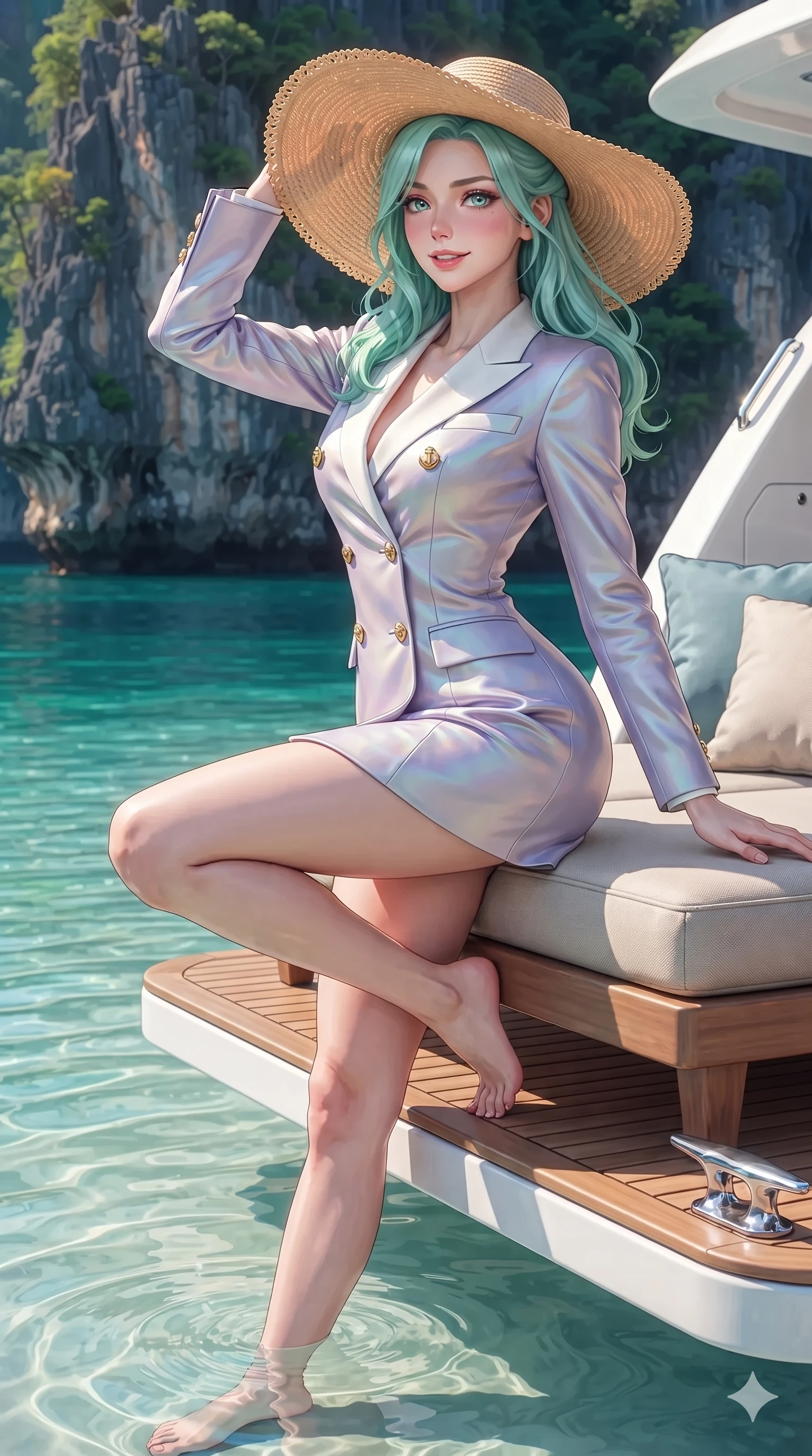 score_9, masterpiece, best quality, ultra-detailed, high-budget anime keyframe, editorial fashion photography, tasteful artistic composition, Japanese woman. close-up cowboy shot from the waist and thighs up, the character dominates the composition, filling the frame with her large presence. perched sideways on the lounge seat, one knee drawn up to showcase her slender leg line while her arched back accentuates her feminine hip curve while standing poised on the lowered teak swimming terrace, arching her spine with ethereal siren poise as calm emerald lagoon ripples lap at her feet. The surrounding environment is rendered in vivid detail and crisp panoramic clarity: sharp limestone cliff stratification, submerged white sand ripple patterns, and polished yacht chrome cleat reflections in deep focus. She has an exceptionally elegant, slender, and willowy female figure with an ultra-slim waist, flat toned midriff, narrow ribcage, and sculpted feminine hips creating an alluring, slim hourglass silhouette without bulk. sharp v-shaped jawline, high-bridge nose, sparkling eyes with hypnotic seductive depth, thick curled eyelashes, glossy parted lips with a natural dewy peach sheen, alluring bedroom-eyes with an enchanting coquettish smile, exuding magnetic siren charisma and sophisticated glamour, flawlessly proportioned anatomical accuracy, strict slender model proportions, natural body alignment, perfectly sculpted long slender limbs, ultra-slim waistline, clean dynamic posture without body distortion. wearing a tailored double-breasted nautical yachting blazer dress with gold anchor crest buttons and crisp white lapels in iridescent mother-of-pearl and dusk lavender, tailored from crisp high-density nautical cotton poplin with pristine structural hold, finished with a wide-brimmed woven straw sunhat tipped back to frame her face and long glossy hair, the bespoke structured tailoring following the natural line of her 8.5-heads silhouette with refined elegance. illuminated by emerald water bounce and sharp golden-peach rim lights defining her razor-sharp jawline, narrow waist, and curvy hips. ultra-reflective glossy finish, specular highlights, rich textural contrasts, high-contrast stereoscopic depth, volumetric dynamic lighting, 2k, ultra detail, master piece, 9:16 ratio