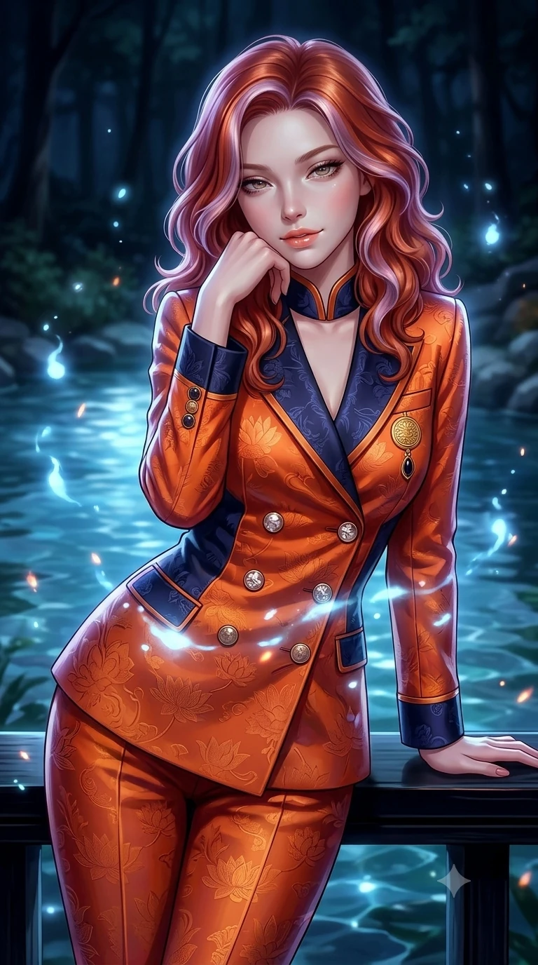 score_9, masterpiece, best quality, ultra-detailed, high-budget anime keyframe, semi-realistic 3D game render, editorial fashion photography, tasteful artistic composition, Caucasian woman. close-up cowboy shot from the waist and thighs up, the character dominates the composition, filling the frame with her large presence. resting one elbow on the lacquered balustrade and supporting her chin, leaning close to the camera with heavy-lidded sparkling eyes and parted lips while twisting her slender torso in an alluring S-curve beside the crystal spring pool, floating spirit lights dancing across her flat midriff. The background shows a soft-focus sacred secluded mountain spring softened in nocturnal fantasy shallow focus. She has an exceptionally elegant, slender, and willowy female figure with an ultra-slim waist, flat toned midriff, narrow ribcage, and sculpted feminine hips creating an alluring, slim hourglass silhouette without bulk. sharp v-shaped jawline, high-bridge nose, sparkling eyes with hypnotic seductive depth, thick curled eyelashes, glossy parted lips with a natural dewy peach sheen, alluring bedroom-eyes with an enchanting coquettish smile, exuding magnetic siren charisma and sophisticated glamour, flawlessly proportioned anatomical accuracy, strict slender model proportions, natural body alignment, perfectly sculpted long slender limbs, ultra-slim waistline, clean dynamic posture without body distortion. wearing a tailored double-breasted silk brocade pantsuit with mandarin collar and mother-of-pearl dragon crest buttons in sunset tangerine orange and deep navy indigo, tailored from rich silk jacquard with subtle embossed lotus blossom patterns, accented with an authentic engraved gold medallion and obsidian cabochons, the bespoke structured tailoring following the natural line of her 8.5-heads silhouette with refined elegance. surrounded by a mysterious dark spiritual aura with pale blue floating spirit fires and cool moonlight. highly saturated vibrant anime colors, detailed shading with soft gradients, rich glossy textures, high-contrast stereoscopic depth, volumetric dynamic lighting, master piece, 9:16 ratio