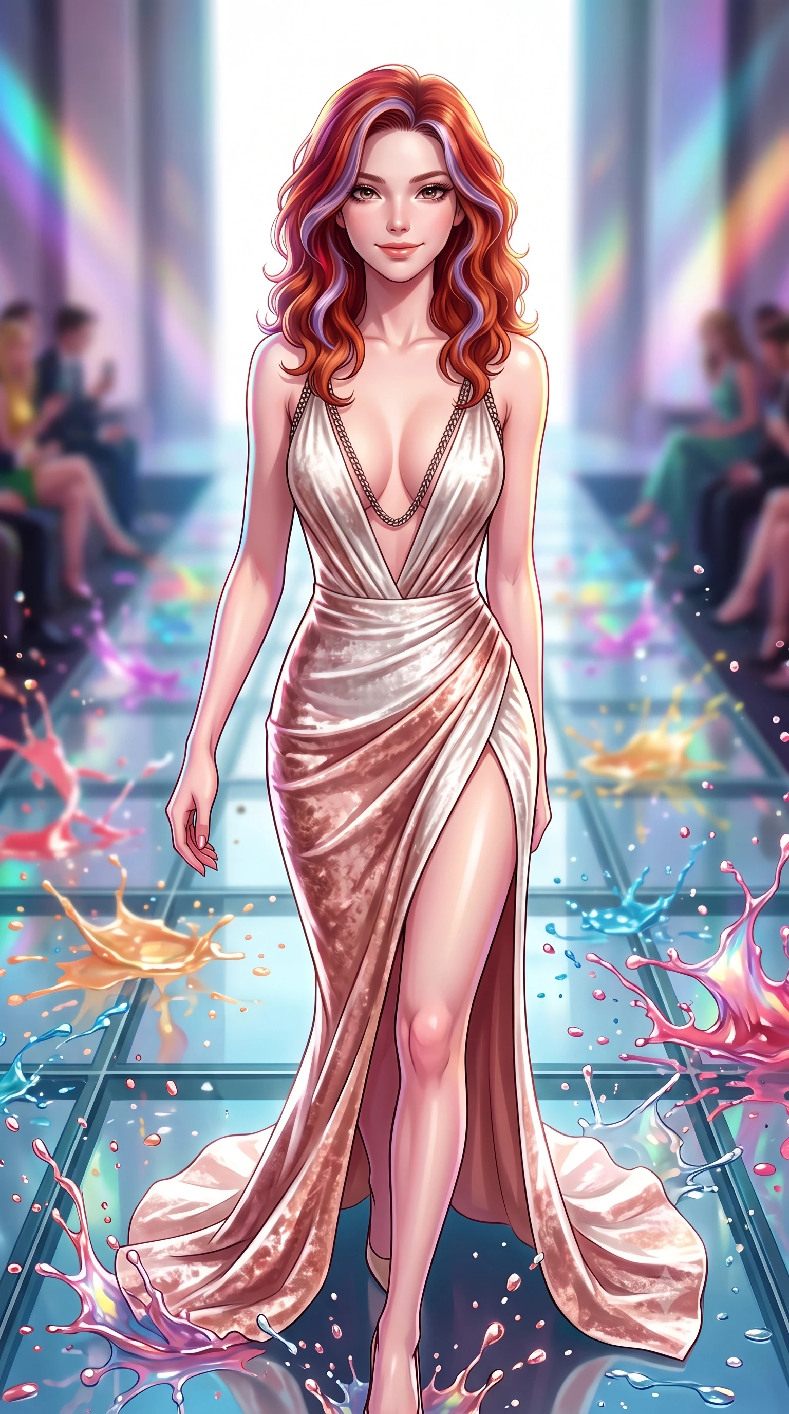 score_9, masterpiece, best quality, ultra-detailed, high-budget anime keyframe, editorial fashion photography, tasteful artistic composition, Caucasian woman. close-up cowboy shot from the waist and thighs up, the character dominates the composition, filling the frame with her large presence, background elements kept in soft focus. Smiling with quiet, magnetic self-assurance directly into the lens stepping across a reflective glass floor drenched in vibrant fluid splashes, vibrant paint droplets frozen in time casting specular highlights. She has an exceptionally elegant, slender, and willowy female figure with an ultra-slim waist, a gracefully sculpted slender torso, and a refined silhouette. sharp v-shaped jawline, high-bridge nose, intricate jewel-like eyes with depth, thick eyelashes, glossy lips with a natural sheen. wearing a backless crushed velvet gown with a deep V-neckline and high thigh slit in pearl white and rose gold, formed from sleek second-skin neoprene, adorned with delicate metallic chain straps along the neckline, the glove-like fit emphasizing her statuesque silhouette. drenched in bright white key light with colorful prismatic rim lighting. highly saturated vibrant anime colors, detailed shading with soft gradients, rich glossy textures, high-contrast stereoscopic depth, volumetric dynamic lighting, master piece, 9:16 ratio