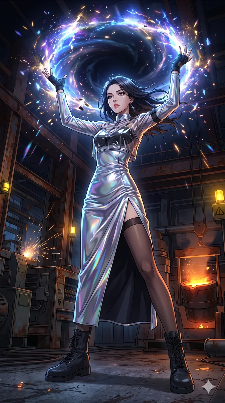 score_9, masterpiece, best quality, ultra-detailed, High-budget Anime Keyframe, vibrant colors, fluid line-art, expressive lighting, cinematic composition, Ufotable-style visual effects, top-tier animation quality, Korean woman with idol-like refined features. Dynamic full-body shot stretching the vertical silhouette, capturing her from a powerful low-angle perspective. Summoning a swirling portal to another dimension with her bare hands, the edges of the rift crackling with unstable energy. She has an absolutely perfect 8-heads proportion, an exceptionally tall and slender female figure with impossibly long slender legs and an ultra-slim waist, her statuesque height and towering silhouette dominating the vertical 9:16 frame. Her face is a masterpiece featuring a sharp v-shaped jawline, high-bridge nose, intricate jewel-like eyes with depth, thick eyelashes, and glossy lips with a natural sheen. She is wearing a Liquid mercury fabric dress that clings perfectly to her every curve with a deep plunging neckline crafted from Transparent PVC with a high-gloss finish that reveals the intricate layers beneath, with a dangerous high slit that showcases her impossibly long slender legs. The scene is set in a gritty industrial factory with glowing molten metal, flying sparks, and deep shadows, illuminated by dynamic strobe effects that capture her movement in a series of sharp fragments. 2k, ultra detail, master piece, 9:16 ratio