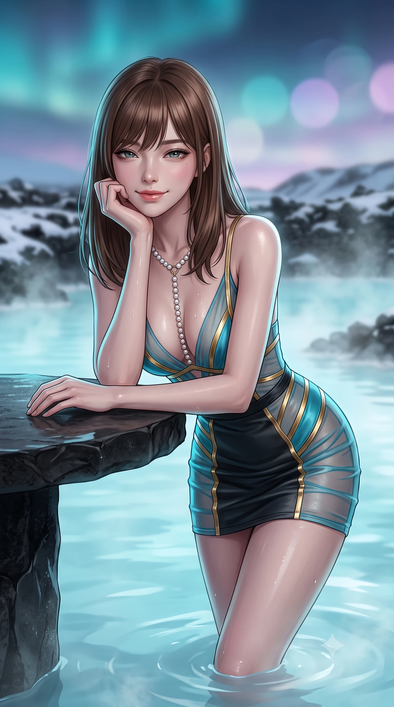 score_9, masterpiece, best quality, ultra-detailed, high-budget anime keyframe, editorial fashion photography, tasteful artistic composition, Korean woman. close-up cowboy shot from the waist and thighs up, the character dominates the composition, filling the frame with her large presence. resting one elbow on the table and supporting her chin, leaning close to the camera with heavy-lidded sparkling eyes and parted lips while standing poised on the heated black basalt terrace stepping directly into the steaming milky-cyan mineral waters, arching her spine with wet-look siren grace. The background shows a soft-focus steaming milky-cyan geothermal lagoon waters, snow-dusted black lava fields, and midnight twilight skies blurred into turquoise, obsidian, and pastel lilac bokeh. She has an exceptionally elegant, slender, and willowy female figure with an ultra-slim waist, flat toned midriff, narrow ribcage, and sculpted feminine hips creating an alluring, slim hourglass silhouette without bulk. sharp v-shaped jawline, high-bridge nose, intricate jewel-like sparkling eyes with depth, thick eyelashes, glossy parted lips with a natural peach sheen, bright cheerful beaming smile with an enchanting and coquettish sensual glint, exuding both youthful cute charm and seductive allure, flawlessly proportioned anatomical accuracy, strict slender model proportions, natural body alignment, perfectly sculpted long slender limbs, ultra-slim waistline, clean dynamic posture without body distortion. wearing a plunge-front sheer illusion tulle slip dress with liquid gold ribbon stripes hugging her curves in Icelandic geothermal cyan and volcanic basalt obsidian, woven from buttery-soft stretch lambskin leather adhering to her body like a second skin, accented with a pearl-drop body harness subtly framing her dewy collarbones and spine, the form-contouring silhouette accentuating her sculpted flat midriff, narrow delicate ribcage, and gracefully curvy hips with intoxicating allure. illuminated by milky water surface specular bounce and sharp platinum-cyan rim lights sculpting her jawline, narrow waist, and curvy hips. ultra-reflective glossy finish, specular highlights, rich textural contrasts, high-contrast stereoscopic depth, volumetric dynamic lighting, 2k, ultra detail, master piece, 9:16 ratio