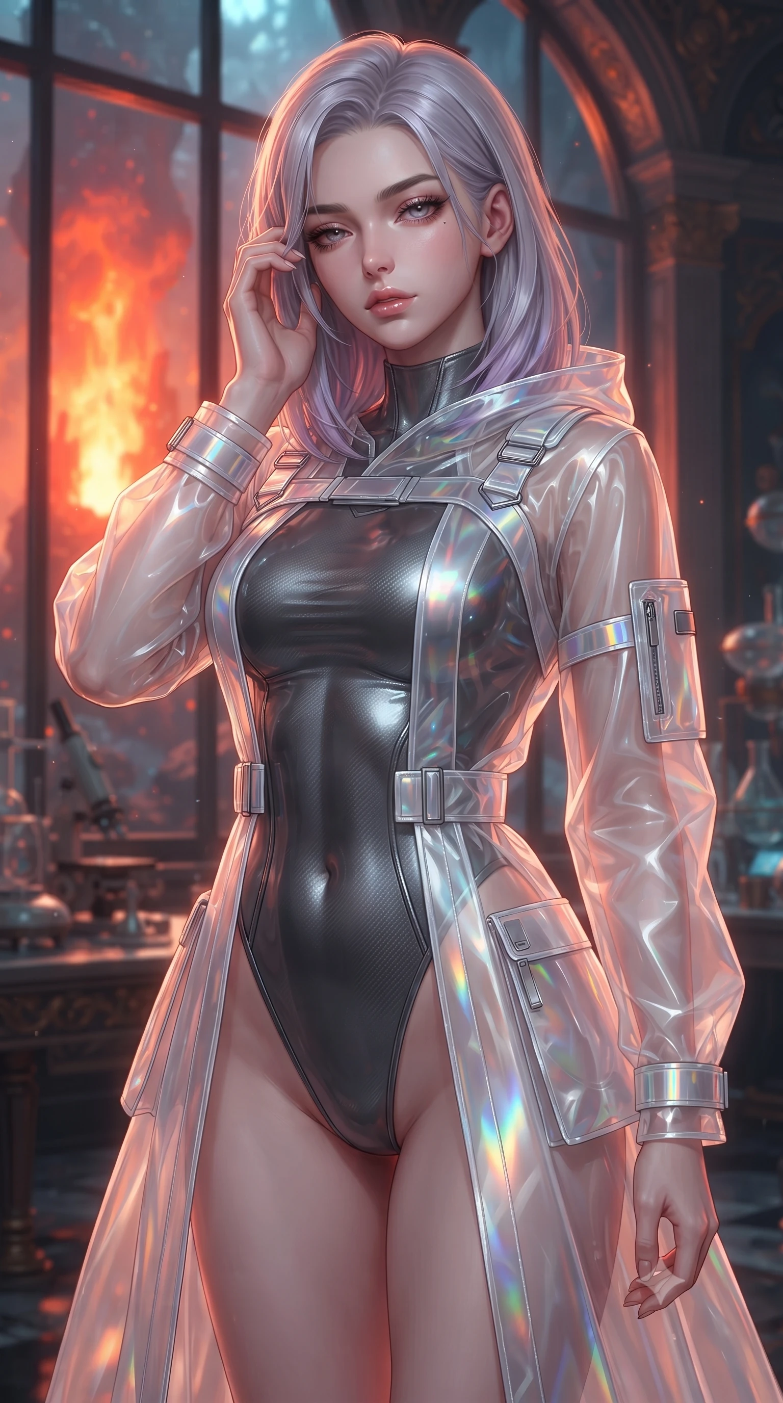 score_9, masterpiece, best quality, ultra-detailed, high-budget anime keyframe, editorial fashion photography, tasteful artistic composition, Caucasian woman. close-up cowboy shot from the waist and thighs up, the character dominates the composition, filling the frame with her large presence, background elements kept in soft focus. gently touching the side of her temple, casting a heavy-lidded, sultry look past the camera, the background shows a soft-focus a sub-oceanic ballroom laboratory overlooking a hydrothermal vent. She has an exceptionally elegant, slender, and willowy female figure with an ultra-slim waist, a gracefully sculpted slender torso, and a refined silhouette. sharp v-shaped jawline, high-bridge nose, intricate jewel-like eyes with depth, thick eyelashes, glossy lips with a natural sheen. wearing a form-contouring sheer white holographic organza combat gown worn over a high-cut carbon-fiber leotard. the intense orange and red glow of the thermal vent casting dramatic under-lighting. ultra-reflective glossy finish, specular highlights, metallic sheen, high-contrast stereoscopic depth, volumetric dynamic lighting, 2k, ultra detail, master piece, 9:16 ratio