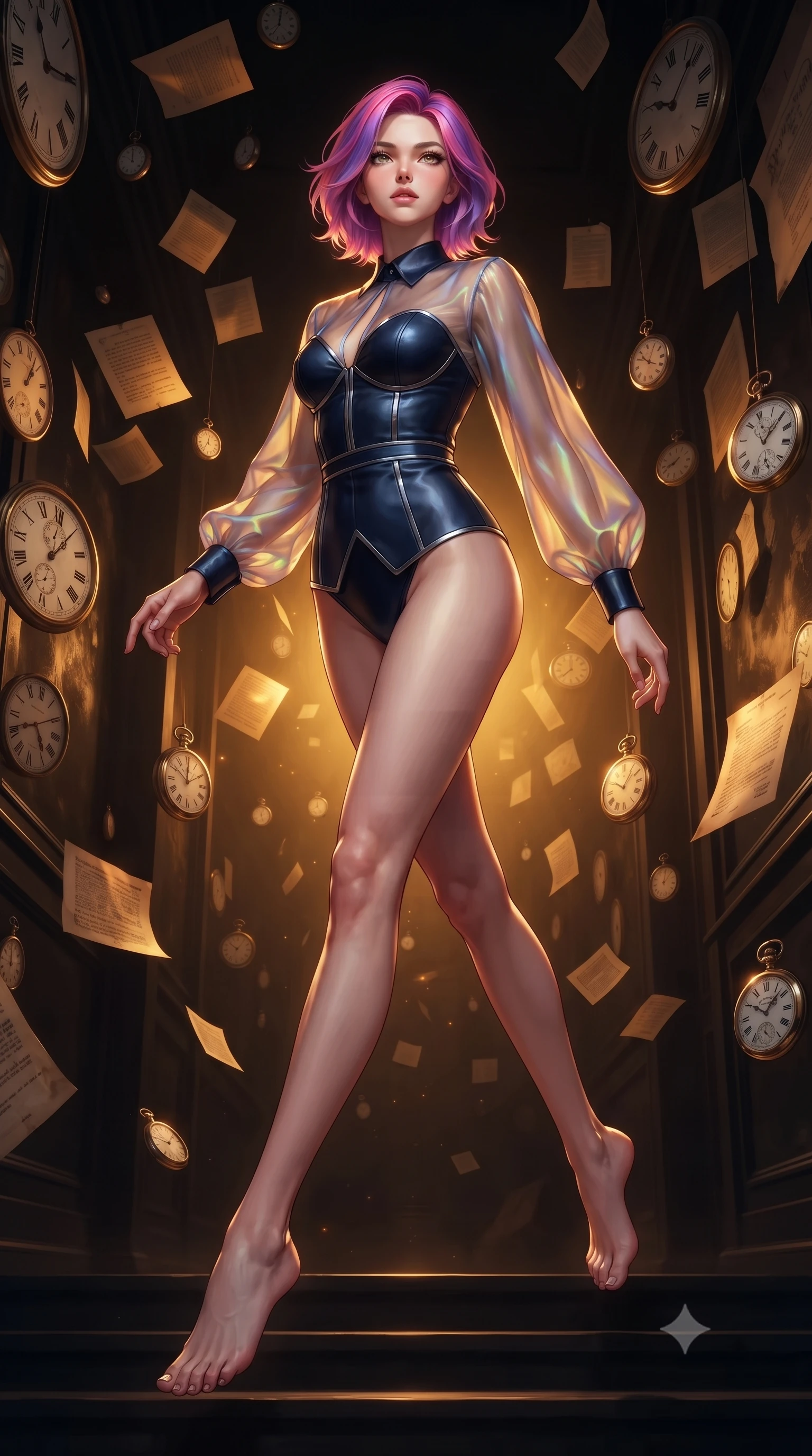 score_9, masterpiece, best quality, ultra-detailed, high-budget anime keyframe, editorial fashion photography, tasteful artistic composition, Caucasian woman. low angle full-body shot from head to toe showing her feet, filling the entire 9:16 vertical frame with her statuesque presence, stretching her vertical silhouette. leaping gracefully through the environment with statuesque elegance and long slender legs standing in a corridor where antique clock dials and historical parchments float in amber light, suspended paper documents and pocket watches frozen mid-air in amber resin light. She has an absolutely perfect, statuesque 8.5-heads proportion, an exceptionally tall and slender model-like female figure with impossibly long slender legs and an ultra-slim waist. sharp v-shaped jawline, high-bridge nose, intricate jewel-like eyes with depth, thick eyelashes, glossy lips with a natural sheen. wearing a tailored leather bustier over a sheer silk chiffon blouse in midnight navy blue and chrome trim, crafted from iridescent chiffon that shifts colors in the light, accented with a Tasteful chest slit framing her clavicle gracefully, the elegant draped fit framing her graceful clavicle and slender torso. bathed in rich amber temporal glow and warm golden backlighting. ultra-reflective glossy finish, specular highlights, metallic sheen, high-contrast stereoscopic depth, volumetric dynamic lighting, 2k, ultra detail, master piece, 9:16 ratio