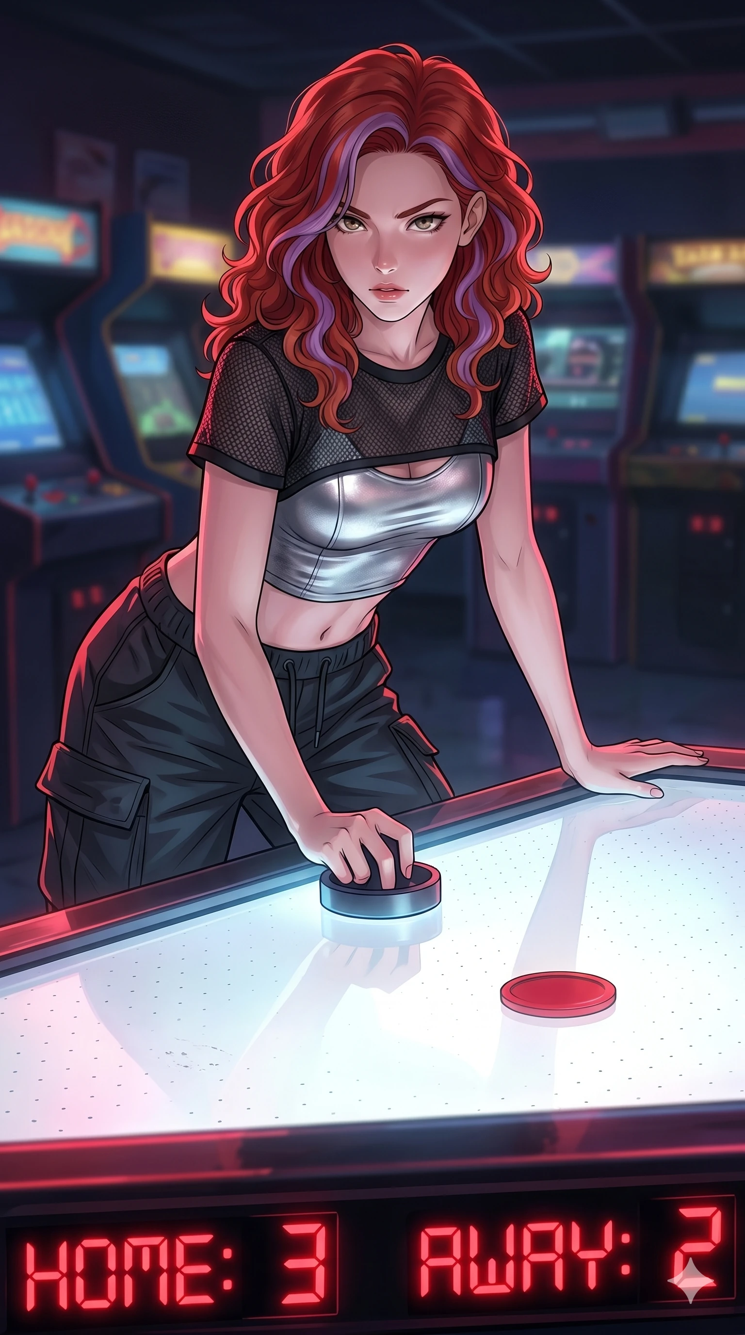 score_9, masterpiece, best quality, ultra-detailed, high-budget anime keyframe, Caucasian woman, strictly human ears. Upper body close-up from the thighs up, character filling the screen for maximum presence. Standing next to a retro air hockey table, holding a striker, leaning over the table, ready to play with a focused, challenging look. She is wearing a sporty cropped top over a silver bodice, and dark utility joggers. The scene is lit by the bright white game surface and red neon score counters. 2k, ultra detail, master piece, 9:16 ratio