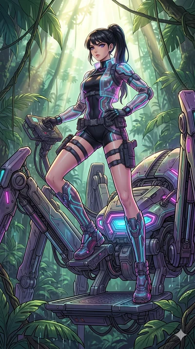 score_9, masterpiece, best quality, ultra-detailed, high-budget anime movie keyframe, cinematic anime lighting, intricate line art, Caucasian (strictly human ears) woman. Low angle cowboy shot capturing a powerful motion and statuesque presence. pilo