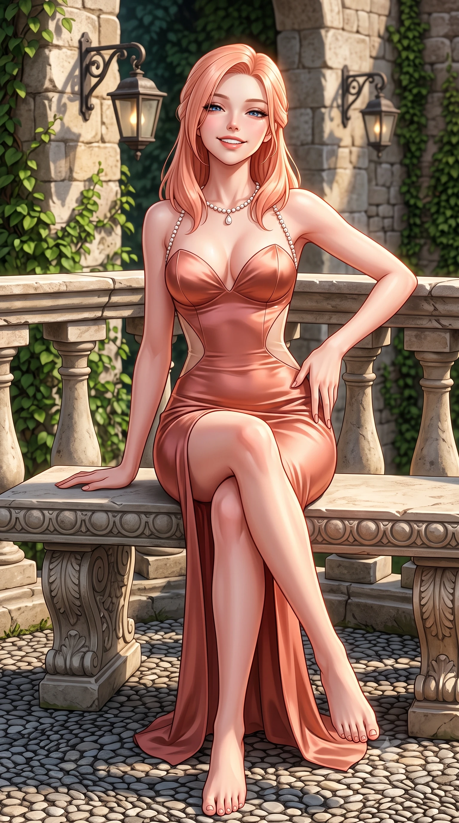 score_9, masterpiece, best quality, ultra-detailed, high-budget anime keyframe, semi-realistic 3D game render, editorial fashion photography, tasteful artistic composition, Japanese woman. close-up cowboy shot from the waist and thighs up, the character dominates the composition, filling the frame with her large presence. leaning back against the balustrade with relaxed seductive grace, head tilted back slightly while casting a hypnotic, heavy-lidded gaze while sitting gracefully on the carved stone bench with legs crossed, running one manicured hand slowly down her hip with magnetic charm. The surrounding environment is rendered in vivid detail and crisp panoramic clarity: sharp hand-laid river pebble cobblestone mosaics, weathered limestone wall mortar, and hand-forged lantern brackets in deep focus. She has an exceptionally elegant, slender, and willowy female figure with an ultra-slim waist, flat toned midriff, narrow ribcage, and sculpted feminine hips creating an alluring, slim hourglass silhouette without bulk. sharp v-shaped jawline, high-bridge nose, intricate jewel-like sparkling eyes with depth, thick eyelashes, glossy parted lips with a natural peach sheen, bright cheerful beaming smile with an enchanting and coquettish sensual glint, exuding both youthful cute charm and seductive allure, flawlessly proportioned anatomical accuracy, strict slender model proportions, natural body alignment, perfectly sculpted long slender limbs, ultra-slim waistline, clean dynamic posture without body distortion. wearing an alluring plunging sweetheart bustier dress with sheer mesh side-waist cutouts contouring her ribs in Grasse centifolia rose petal blush and burnished copper, crafted from fluid liquid silk satin that clings smoothly to her narrow waist and rounded hips with a dewy sheen, accented with a pearl-drop body harness subtly framing her dewy collarbones and spine, the glove-like clinging cut tightly following the natural contour of her hips and long slender legs with youthful 8.5-heads elegance. illuminated by stone ground reflection fill and sharp flame-gold rim lights defining her razor-sharp jawline, narrow waist, and curvy hips. highly saturated vibrant anime colors, detailed shading with soft gradients, rich glossy textures, high-contrast stereoscopic depth, volumetric dynamic lighting, master piece, 9:16 ratio
