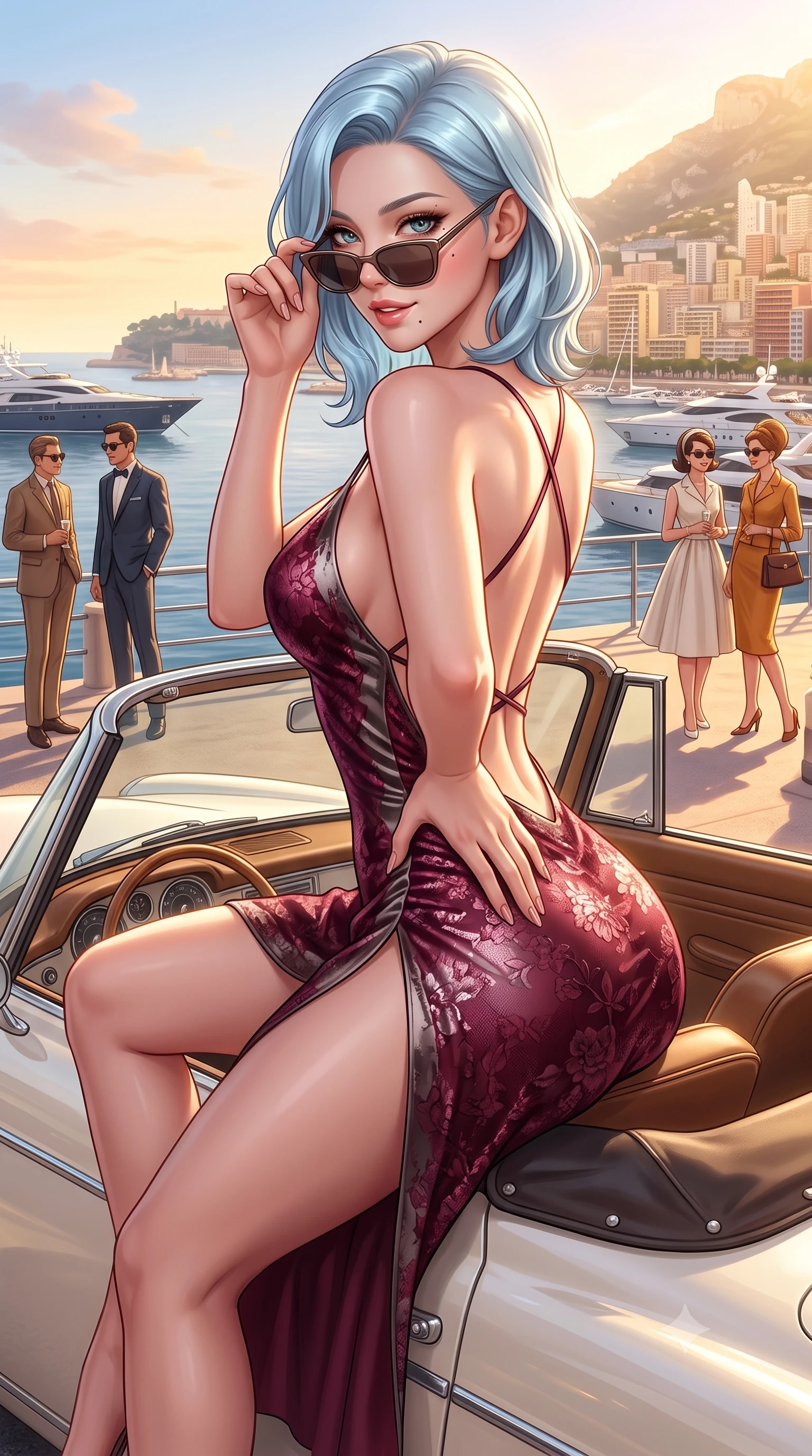 score_9, masterpiece, best quality, ultra-detailed, high-budget anime keyframe, semi-realistic 3D game render, editorial fashion photography, tasteful artistic composition, Korean woman. close-up cowboy shot from the waist and thighs up, the character dominates the composition, filling the frame with her large presence. resting one manicured hand delicately on her hip bone, her upper body turning in a fluid, seductive S-curve while parted lips glisten in the light while perching on the leather seat rim of a vintage cream-white convertible with legs crossed, arching her lower back while lowering designer sunglasses with a flirtatious smile. The surrounding environment is rendered in vivid detail and crisp panoramic clarity. brilliant French Riviera golden-hour chiaroscuro and ultra-chic 1960s jet-set aesthetics in precision. She has an exceptionally elegant, slender, and willowy female figure with an ultra-slim waist, flat toned midriff, narrow ribcage, and sculpted feminine hips creating an alluring, slim hourglass silhouette without bulk. sharp v-shaped jawline, high-bridge nose, intricate jewel-like eyes with depth, thick eyelashes, glossy parted lips with a natural sheen, intensely captivating and seductive bedroom-eyes expression, flawlessly proportioned anatomical accuracy, strict slender model proportions, natural body alignment, perfectly sculpted long slender limbs, ultra-slim waistline, clean dynamic posture without body distortion. wearing a backless cowl-neck satin slip dress featuring high-cut side hip slits and delicate criss-cross back straps in deep wine burgundy and brushed dark platinum, formed from shimmering floral lace over smooth opaque silk lining, finished with criss-cross back satin straps highlighting her graceful shoulder blades, the liquid-tight tailored fabric clinging flawlessly to her narrow waist and rounded feminine hips, emphasizing every millimeter of her sculpted slim hourglass curves without any bulky heaviness. illuminated by bright specular sun glints sharply carving her razor-sharp jawline, narrow waist, and curvy hips. highly saturated vibrant anime colors, detailed shading with soft gradients, rich glossy textures, high-contrast stereoscopic depth, volumetric dynamic lighting, master piece, 9:16 ratio
