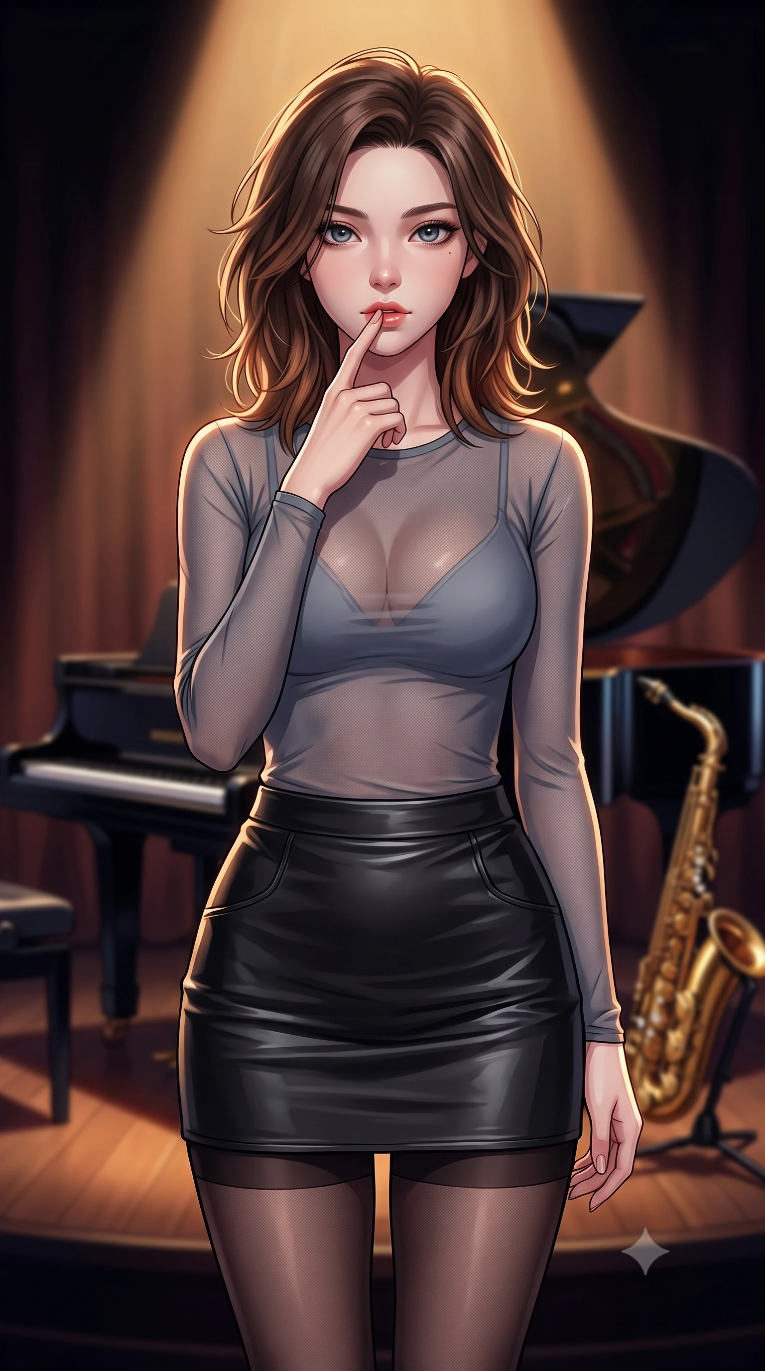 score_9, masterpiece, best quality, ultra-detailed, high-budget anime keyframe, tasteful artistic composition, Korean woman. close-up cowboy shot from the waist and thighs up, the character dominates the composition, filling the frame with her large presence, background elements kept in soft focus. pressing one finger to her bottom lip in a thoughtful, seductive gesture under the warm sun the background shows a soft-focus a dimly lit jazz lounge stage next to a glossy black grand piano and a brass saxophone. She has an exceptionally elegant, slender, and willowy female figure with an ultra-slim waist, a gracefully sculpted slender torso, and a refined silhouette. sharp v-shaped jawline, high-bridge nose, intricate jewel-like eyes with depth, thick eyelashes, glossy lips with a natural sheen. wearing a form-contouring semi-transparent mesh top in slate grey, paired with a leather mini skirt and sheer stockings. a single warm spotlight tracing her statuesque posture against the dark backdrop. highly saturated vibrant anime colors, cel-shading, 2d style, master piece, 9:16 ratio