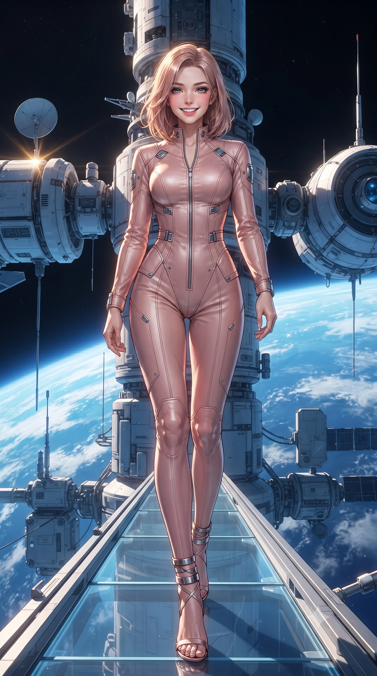 score_9, masterpiece, best quality, ultra-detailed, high-budget anime keyframe, editorial fashion photography, tasteful artistic composition, Korean woman. low angle full-body shot from head to toe showing her feet, filling the entire 9:16 vertical frame with her statuesque presence, stretching her vertical silhouette. stepping forward in a confident stride, her long slender legs and curvaceous hips creating a dynamic, sweeping vertical line while standing poised on the narrow transparent catwalk of the external sensor spire high above Earth, arching her lower back as golden solar wind filaments shimmer past. The surrounding environment is rendered in vivid detail and crisp panoramic clarity: detailed high-tech tactical gear, sleek bodycon lines, and colossal satellite engineering in high resolution. She has an exceptionally tall and slender model-like 8.5-heads proportion, an ultra-slim waist, a flat toned midriff, narrow delicate ribcage, and beautifully sculpted feminine hips creating a graceful, slim hourglass silhouette without any bulky heaviness, with impossibly long slender legs. sharp v-shaped jawline, high-bridge nose, intricate jewel-like sparkling eyes with depth, thick eyelashes, glossy parted lips with a natural peach sheen, bright cheerful beaming smile with an enchanting and coquettish sensual glint, exuding both youthful cute charm and seductive allure, flawlessly proportioned anatomical accuracy, strict slender model proportions, natural body alignment, perfectly sculpted long slender limbs, ultra-slim waistline, clean dynamic posture without body distortion. wearing a sculpted tactical lambskin leather catsuit with seamless paneling and silver zipper hardware accentuating her flat midriff and curvy hips in Solaris liquid rose-quartz and alien peach, crafted from bespoke double-faced cashmere with an exceptionally soft tactile finish, complemented by strappy stiletto sandals with metallic ankle wraps accentuating her slender calves, the impeccably tailored cut draping gracefully along her slender figure with aristocratic poise. illuminated by Earth albedo reflection bounce and intense solar-gold rim lights defining her razor-sharp jawline, narrow waist, and curvy hips. ultra-reflective glossy finish, specular highlights, rich textural contrasts, high-contrast stereoscopic depth, volumetric dynamic lighting, 2k, ultra detail, master piece, 9:16 ratio