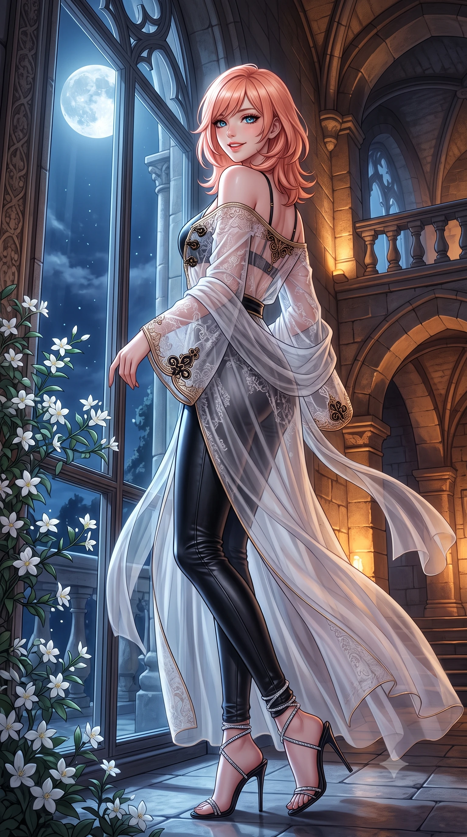 score_9, masterpiece, best quality, ultra-detailed, high-budget anime keyframe, semi-realistic 3D game render, editorial fashion photography, tasteful artistic composition, Japanese woman. close-up cowboy shot from the waist and thighs up, the character dominates the composition, filling the frame with her large presence. tilting her head with a teasing half-smile, running one hand slowly down the side of her hip in a flirtatious S-curve as ambient light caresses her silhouette while walking slowly along the tiled terrace with tall model strides, evening sea breezes molding her sheer gown to her slender legs. The background shows a soft-focus colorful ceramic tile patterns softened in romantic Italian coastal nocturne shallow focus. She has an exceptionally elegant, slender, and willowy female figure with an ultra-slim waist, flat toned midriff, narrow ribcage, and sculpted feminine hips creating an alluring, slim hourglass silhouette without bulk. sharp v-shaped jawline, high-bridge nose, intricate jewel-like sparkling eyes with depth, thick eyelashes, glossy parted lips with a natural peach sheen, bright cheerful beaming smile with an enchanting and coquettish sensual glint, exuding both youthful cute charm and seductive allure, flawlessly proportioned anatomical accuracy, strict slender model proportions, natural body alignment, perfectly sculpted long slender limbs, ultra-slim waistline, clean dynamic posture without body distortion. wearing an alluring plunge-front sheer illusion tulle evening slip with velvet ribbon piping contouring her flat midriff in Marrakech majorelle blue and molten 24k gold, woven from fine semi-opaque stretch illusion mesh tracing her slender contours, featuring fine criss-cross lace-up side ties revealing tantalizing glimpses of her hip curve, the liquid-tight tailored fabric clinging flawlessly to her narrow waist and rounded feminine hips, emphasizing every millimeter of her sculpted slim hourglass curves without any bulky heaviness. illuminated by terrace tile reflection bounce and sharp flame-gold rim lights sculpting her razor-sharp jawline, narrow waist, and curvy hips. highly saturated vibrant anime colors, detailed shading with soft gradients, rich glossy textures, high-contrast stereoscopic depth, volumetric dynamic lighting, master piece, 9:16 ratio