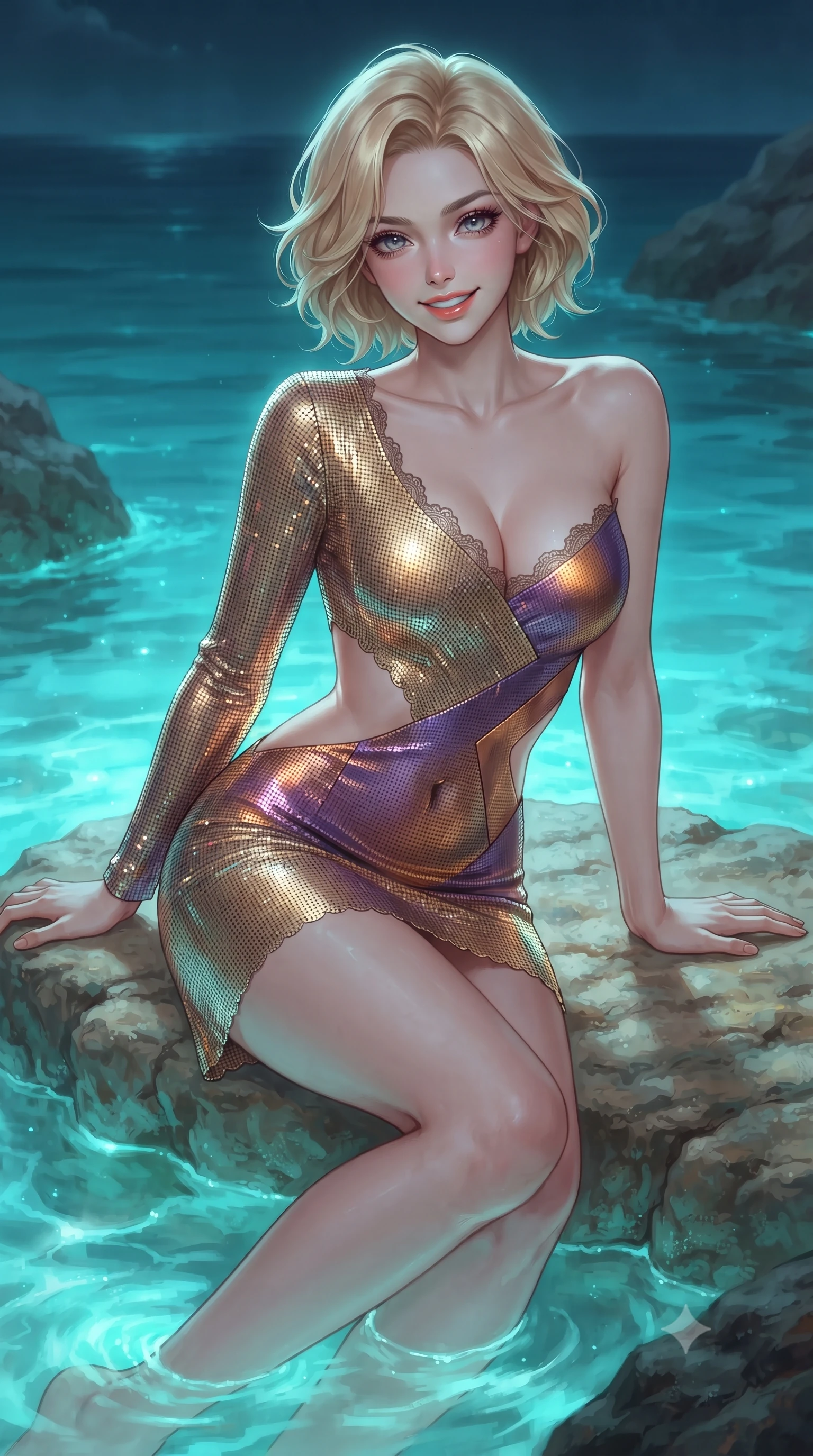 score_9, masterpiece, best quality, ultra-detailed, high-budget anime keyframe, editorial fashion photography, tasteful artistic composition, Caucasian woman. close-up cowboy shot from the waist and thighs up, the character dominates the composition, filling the frame with her large presence. leaning forward while arching her lower back to accentuate her curvy hips, looking into the camera with an intoxicating smoldering gaze and bedroom-eyes while sitting gracefully on the natural stone shelf propped on one hand, her long slender legs trailing in the illuminated turquoise tide. The surrounding environment is rendered in vivid detail and crisp panoramic clarity: sharp natural limestone stalactite textures, crystal-clear water meniscus, and damp rock surface glisten in deep focus. She has an exceptionally elegant, slender, and willowy female figure with an ultra-slim waist, flat toned midriff, narrow ribcage, and sculpted feminine hips creating an alluring, slim hourglass silhouette without bulk. sharp v-shaped jawline, high-bridge nose, intricate jewel-like sparkling eyes with depth, thick eyelashes, glossy parted lips with a natural peach sheen, bright cheerful beaming smile with an enchanting and coquettish sensual glint, exuding both youthful cute charm and seductive allure, flawlessly proportioned anatomical accuracy, strict slender model proportions, natural body alignment, perfectly sculpted long slender limbs, ultra-slim waistline, clean dynamic posture without body distortion. wearing an asymmetrical cut-out tech-couture mini dress with one long sleeve, bare shoulder, and side-waist cutouts in Mirage sunset amethyst purple and warm bronze, made of shimmering fluid gold chainmail mesh reflecting ambient chandelier light, finished with scalloped eyelash lace trim framing her sweetheart neckline with intimate elegance, the second-skin tailored fabric adhering flawlessly to her sculpted flat midriff and slender torso, emphasizing her long leg lines and perfectly proportioned willowy build. bathed in ethereal bioluminescent cyan-teal glow radiating from the sea water mixed with cool silver moonlight. ultra-reflective glossy finish, specular highlights, rich textural contrasts, high-contrast stereoscopic depth, volumetric dynamic lighting, 2k, ultra detail, master piece, 9:16 ratio