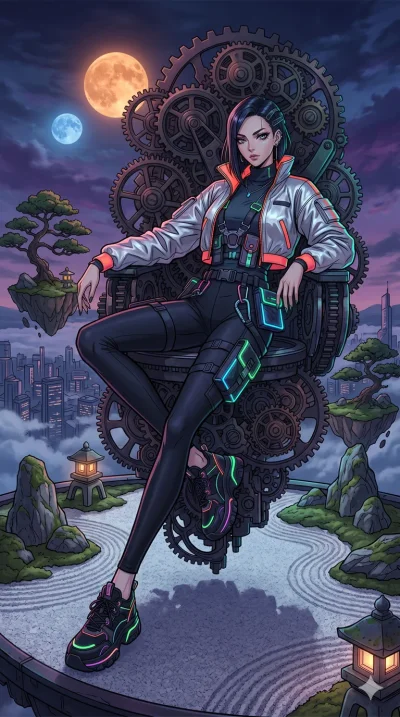 score_9, masterpiece, best quality, ultra-detailed, high-budget anime movie keyframe, cinematic anime lighting, intricate line art, Japanese woman. Dynamic full-body shot stretching the vertical silhouette across the 9:16 frame. resting on a throne o
