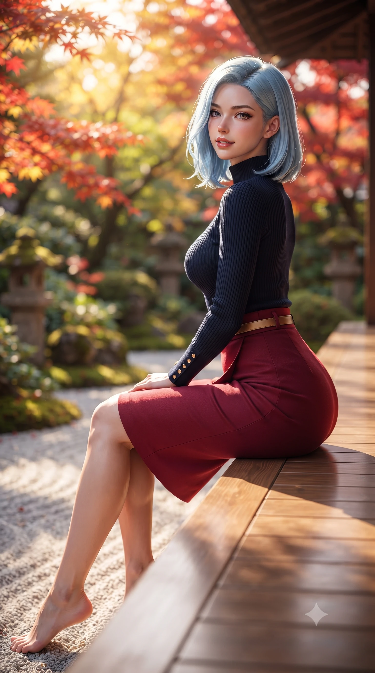 score_9, masterpiece, best quality, ultra-detailed, high-budget anime keyframe, editorial fashion photography, tasteful artistic composition, Korean woman. low angle full-body shot from head to toe showing her feet, filling the entire 9:16 vertical frame with her statuesque presence, stretching her vertical silhouette. pausing along the promenade and turning back toward the camera with an infectious, delightful smile, her form-fitting silhouette highlighting her curvy hips and slim waist while sitting gracefully on the polished cypress wood engawa veranda, legs turned demurely to the side, smiling with gentle Kyoto serenity. The background shows a soft-focus vibrant crimson and vermilion Japanese maple leaves, raked white gravel zen patterns, and mossy stone lanterns blurred into scarlet, amber, and moss green bokeh. She has an exceptionally tall and slender model-like 8.5-heads proportion, an ultra-slim waist, a flat toned midriff, narrow delicate ribcage, and beautifully sculpted feminine hips creating a graceful, slim hourglass silhouette without any bulky heaviness, with impossibly long slender legs. sharp v-shaped jawline, high-bridge nose, intricate jewel-like sparkling eyes with depth, thick eyelashes, glossy parted lips with a natural peach sheen, bright cheerful beaming smile with an enchanting and coquettish sensual glint, exuding both youthful cute charm and seductive allure, flawlessly proportioned anatomical accuracy, strict slender model proportions, natural body alignment, perfectly sculpted long slender limbs, ultra-slim waistline, clean dynamic posture without body distortion. wearing a tight-fitting mock-neck silk jersey top paired with a high-waisted wrap pencil skirt cinched with an obi-inspired leather belt in Ginza vintage brass gold and midnight navy, tailored from form-contouring ribbed merino wool hugging her torso like a second skin, accented with delicate gold button studs trailing down the snug sleeve cuffs, the second-skin tailored fabric adhering flawlessly to her sculpted flat midriff and slender torso, emphasizing her long leg lines and perfectly proportioned willowy build. bathed in filtered golden autumn sunlight dappled through brilliant red and orange maple foliage. ultra-reflective glossy finish, specular highlights, rich textural contrasts, high-contrast stereoscopic depth, volumetric dynamic lighting, 2k, ultra detail, master piece, 9:16 ratio