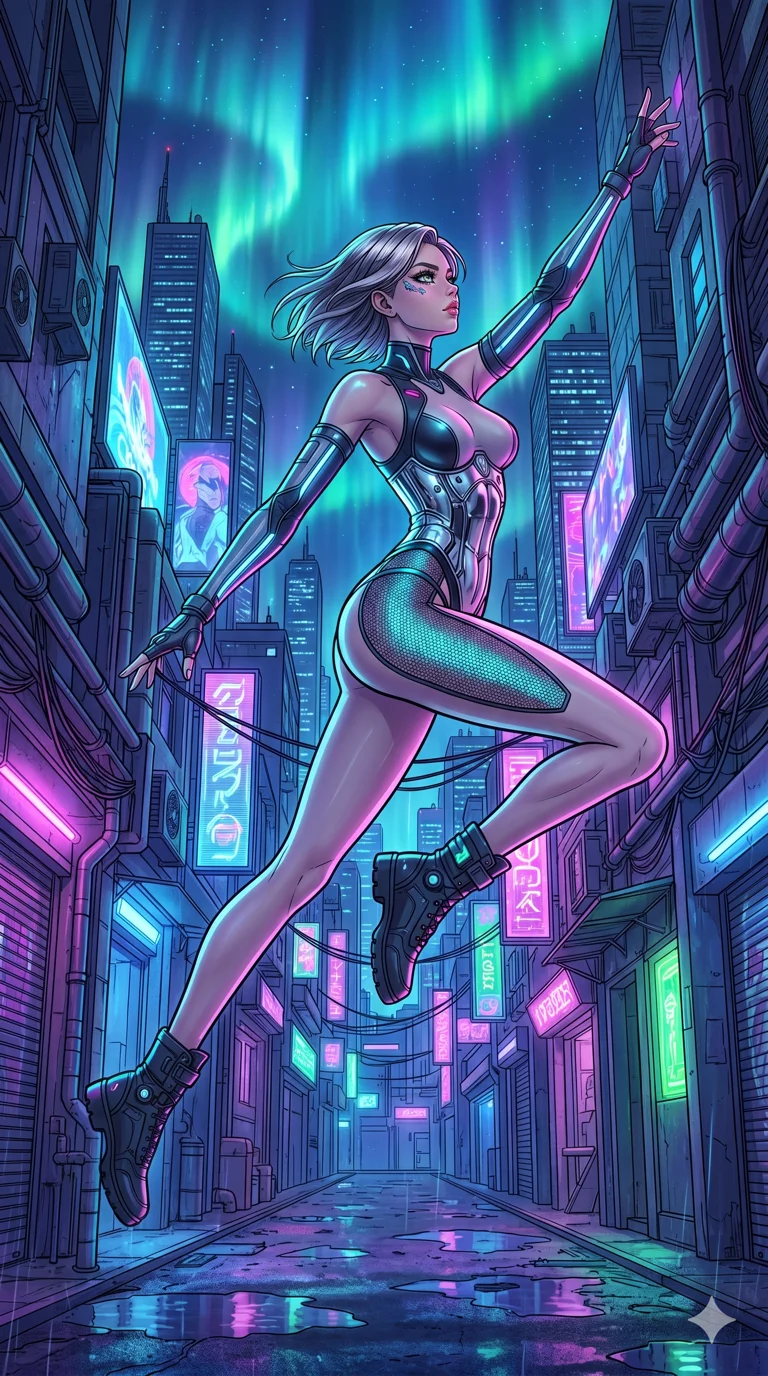 score_9, masterpiece, best quality, ultra-detailed, high-budget anime movie keyframe, cinematic anime lighting, intricate line art, Caucasian (strictly human ears) anime girl. Dynamic full-body shot stretching the vertical silhouette across the 9:16 frame. leaping gracefully in a neon-lit cyberpunk alleyway amidst aurora borealis. She has an absolutely perfect 8-heads proportion, an exceptionally tall and slender female figure with an ultra-slim waist and impossibly long slender legs. sharp v-shaped jawline, high-bridge nose, intricate jewel-like eyes, thick eyelashes, glossy lips. Wearing asymmetrical high-cut tech-bodysuit with detached glowing sleeves, chrome-plated mechanical corset, and bioluminescent mesh panels clinging to her slender figure. The scene is illuminated by dramatic atmospheric lighting and vibrant color palettes. 2k, ultra detail, master piece, 9:16 ratio