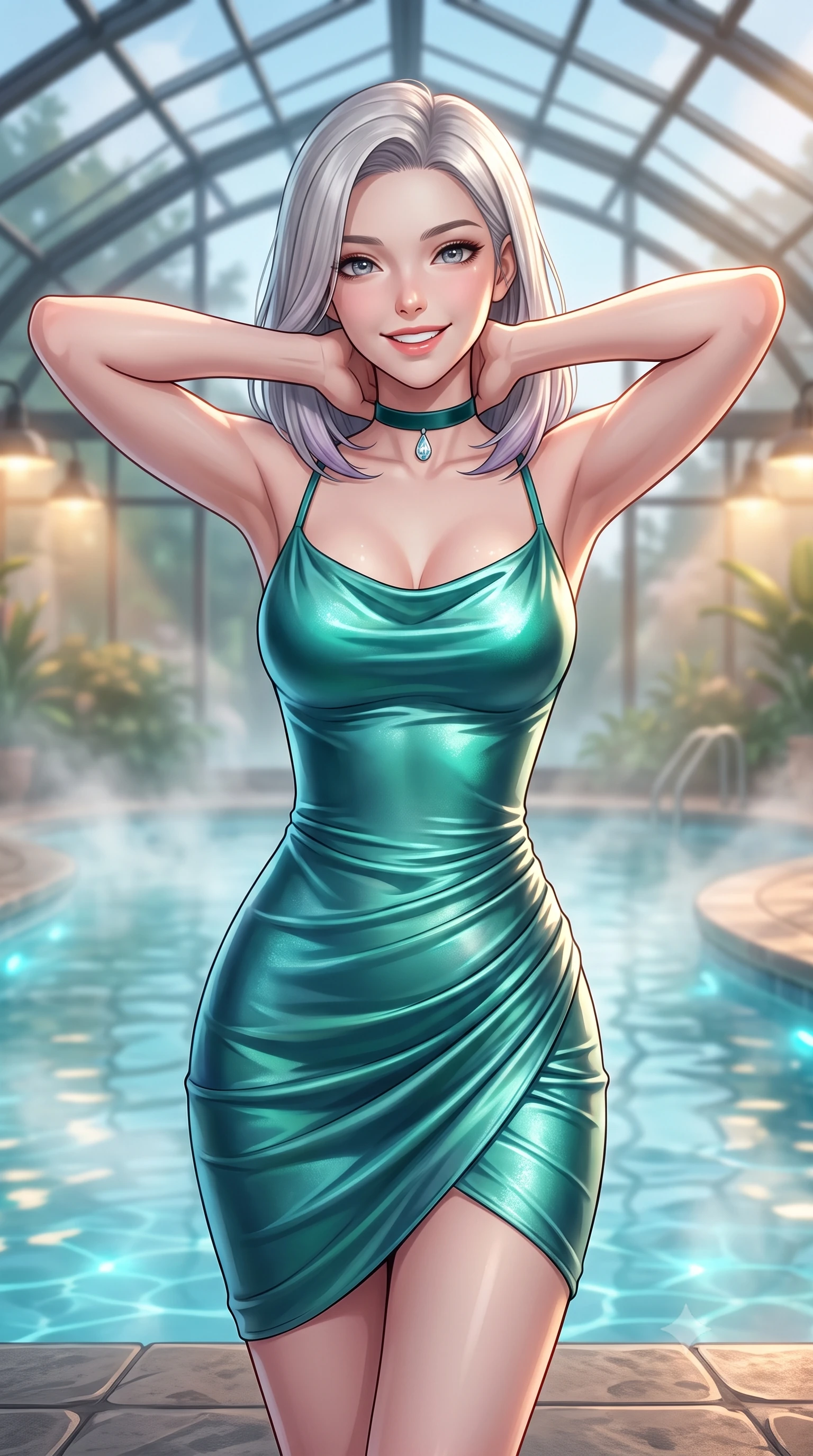 score_9, masterpiece, best quality, ultra-detailed, high-budget anime keyframe, editorial fashion photography, tasteful artistic composition, Caucasian woman. close-up cowboy shot from the waist and thighs up, the character dominates the composition, filling the frame with her large presence. resting both hands lightly behind her neck with elbows raised, arching her spine to highlight her narrow waist, flat midriff, and breathtaking collarbones while standing poised on the heated lava stone deck beside the steaming botanical thermal pool under the soaring glass conservatory truss, arching her back with siren allure. The background shows a soft-focus rising geothermal water vapor softened in exclusive botanical retreat shallow focus. She has an exceptionally elegant, slender, and willowy female figure with an ultra-slim waist, flat toned midriff, narrow ribcage, and sculpted feminine hips creating an alluring, slim hourglass silhouette without bulk. sharp v-shaped jawline, high-bridge nose, intricate jewel-like sparkling eyes with depth, thick eyelashes, glossy parted lips with a natural peach sheen, bright cheerful beaming smile with an enchanting and coquettish sensual glint, exuding both youthful cute charm and seductive allure, flawlessly proportioned anatomical accuracy, strict slender model proportions, natural body alignment, perfectly sculpted long slender limbs, ultra-slim waistline, clean dynamic posture without body distortion. wearing a form-fitting Andalusian liquid silk jersey flamenco-draped cocktail dress clinging to her narrow waist and rounded hips in Arctic aurora borealis emerald and starlight diamond, woven from buttery-soft stretch lambskin leather adhering to her body like a second skin, finished with a thin velvet ribbon choker and a single teardrop diamond pendant, the second-skin tailored fabric adhering flawlessly to her sculpted flat midriff and slender torso, emphasizing her long leg lines and perfectly proportioned willowy build. bathed in warm 2600K botanical grow lamps combined with turquoise underwater pool LEDs and clear Arctic starlight through glass. ultra-reflective glossy finish, specular highlights, rich textural contrasts, high-contrast stereoscopic depth, volumetric dynamic lighting, 2k, ultra detail, master piece, 9:16 ratio