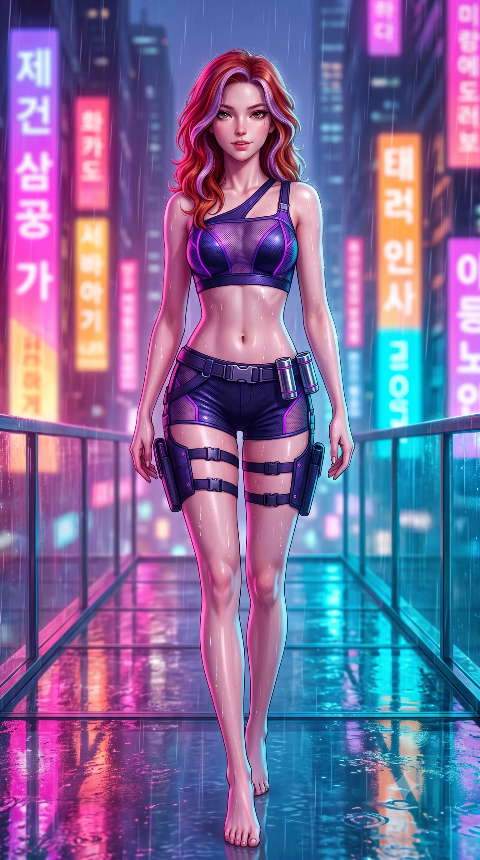 score_9, masterpiece, best quality, ultra-detailed, high-budget anime keyframe, semi-realistic 3D game render, editorial fashion photography, tasteful artistic composition, Caucasian woman. low angle full-body shot from head to toe showing her feet, filling the entire 9:16 vertical frame with her statuesque presence, stretching her vertical silhouette. walking slowly along the transparent glass skybridge, looking back over her shoulder with an air of effortless grace and an alluring, smoldering smile while twisting her slender torso in an alluring S-curve as warm cyber-city rain glistens on her tight suit, highlighting her curvy hips and waist. The background shows a soft-focus towering futuristic Neo-Seoul mega-skyscrapers with vertical Korean holographic billboards blurred into magenta, amber, and laser turquoise bokeh. She has an absolutely perfect, statuesque 8.5-heads proportion, an exceptionally tall and slender model-like female figure with impossibly long slender legs, an ultra-slim waist, a flat toned midriff, narrow delicate ribcage, and beautifully sculpted feminine hips creating a graceful, slim hourglass silhouette without any bulky heaviness. sharp v-shaped jawline, high-bridge nose, intricate jewel-like sparkling eyes with depth, thick eyelashes, glossy parted lips with a natural sheen, bright confident smile with an enchanting and coquettish sensual glint, exuding both youthful magnetic charm and sovereign high-tech allure, flawlessly proportioned anatomical accuracy, strict slender model proportions, natural body alignment, perfectly sculpted long slender limbs, ultra-slim waistline, clean dynamic posture without body distortion. wearing a high-tech mechanic crop top with asymmetric shoulder straps paired with ultra-fitted tactical hot-pants and thigh holsters in neon electric violet and deep space obsidian, crafted from sheer technical cyber-lace reinforced with ultra-thin Kevlar threads, accented with a sleek utility belt with polished magnetic canisters resting loosely on her curvy hips, the aerodynamic second-skin silhouette tightly following the natural contour of her hips and long slender legs with youthful 8.5-heads elegance. bathed in intense saturated magenta and electric cyan billboard reflections bouncing off wet asphalt. highly saturated vibrant anime colors, detailed shading with soft gradients, rich glossy textures, high-contrast stereoscopic depth, volumetric dynamic lighting, master piece, 9:16 ratio