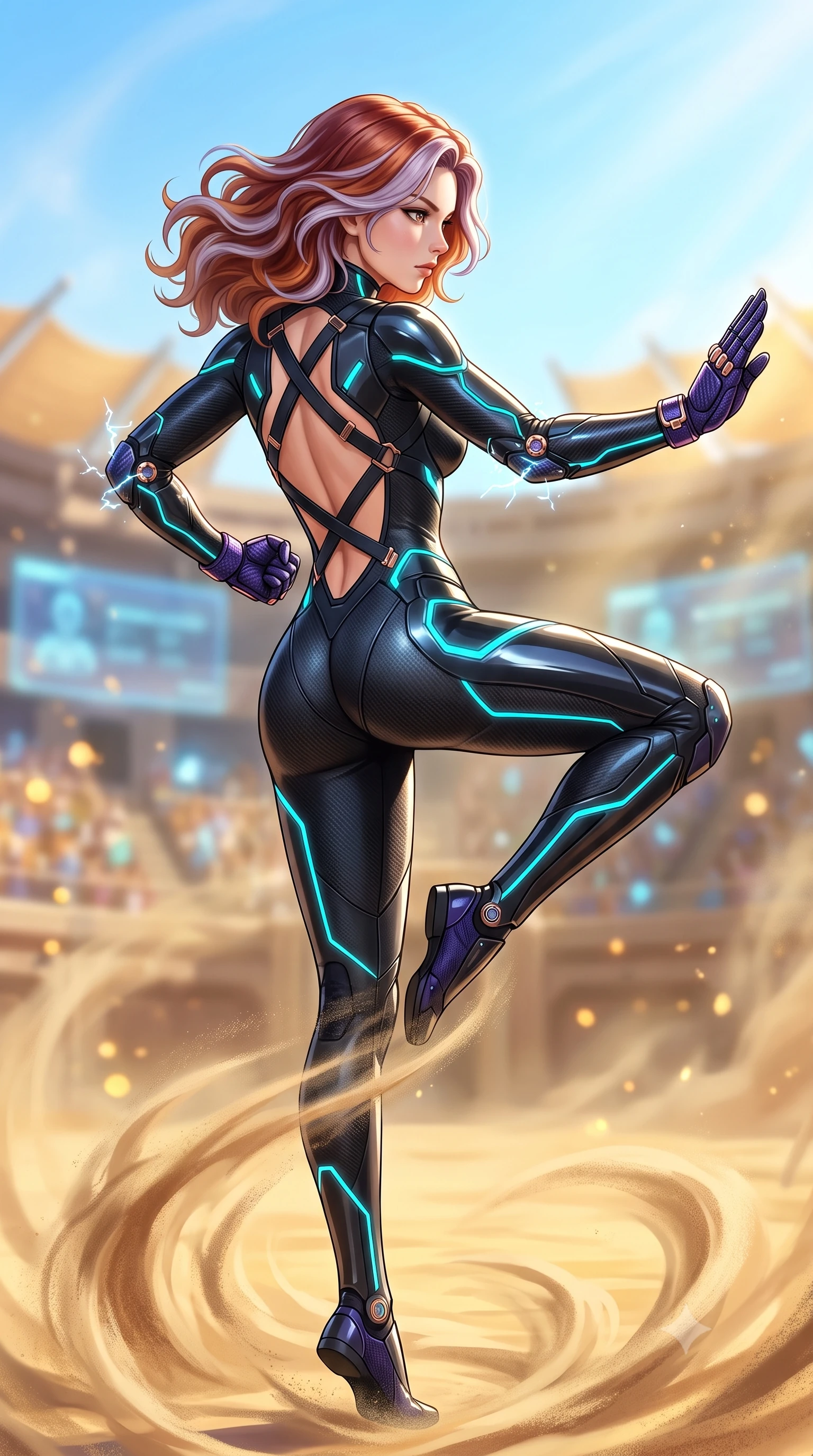 score_9, masterpiece, best quality, ultra-detailed, high-budget anime keyframe, semi-realistic 3D game render, editorial fashion photography, tasteful artistic composition, Caucasian woman. close-up cowboy shot from the waist and thighs up, the character dominates the composition, filling the frame with her large presence. twisting her upper body in a dynamic S-curve martial arts stance, cybernetic elbow dampers emitting subtle electric sparks as she aims a focused palm strike while executing a vertical 180-degree mid-air spinning axe kick in a vast cybernetic colosseum arena as sand swirls beneath her feet. The composition keeps background elements in soft focus with creamy bokeh. holographic colosseum spectator galleries and swirling sand dust blurred into rich golden amber and sky-blue bokeh. She has an exceptionally elegant, slender, and willowy female figure with an ultra-slim waist, a gracefully sculpted slender torso, toned flat midriff, and a refined slim silhouette. sharp v-shaped jawline, high-bridge nose, intricate jewel-like eyes with depth, thick eyelashes, glossy lips with a natural sheen, flawlessly proportioned anatomical accuracy, strict slender model proportions, natural body alignment, perfectly sculpted long slender limbs, ultra-slim waistline, clean dynamic posture without body distortion. wearing a high-mobility matte-black carbon-fiber combat bodysuit with glowing neon cyan kinetic conduits and Damascus-textured knuckle guards in royal purple carbon fiber with rose-gold hardware and clasps, formed from high-gloss patent carbon-plating with specular chiaroscuro reflections, complemented by criss-cross back harness straps highlighting her completely bare spine, the glove-like aerodynamic second-skin fit tightly clinging to her ultra-slender waist and athletic curves without adding bulk, accentuating her razor-sharp statuesque lines and slim hourglass silhouette. bathed in brilliant midday desert sunshine and warm golden sand surface reflections. rich saturated anime colors with glowing neon highlights, detailed shading with soft gradients, rich glossy textures, high-contrast stereoscopic depth, volumetric dynamic lighting, master piece, 9:16 ratio