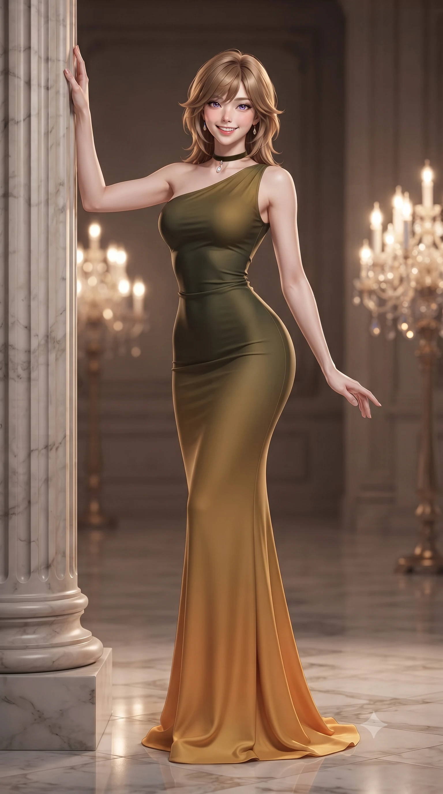 score_9, masterpiece, best quality, ultra-detailed, high-budget anime keyframe, editorial fashion photography, tasteful artistic composition, Korean woman. low angle full-body shot from head to toe showing her feet, filling the entire 9:16 vertical frame with her statuesque presence, stretching her vertical silhouette. standing tall beside the architectural column, one hand resting high while arching her lower back to emphasize her sculpted feminine hips and slender waist while twisting her slender torso in an alluring contrapposto stance on the mirror-polished marble floor, golden sconce reflections tracing her narrow waist and hips. The background shows a soft-focus flickering crystal candelabra lamps softened in aristocratic grand ducal palace shallow focus. She has an exceptionally tall and slender model-like 8.5-heads proportion, an ultra-slim waist, a flat toned midriff, narrow delicate ribcage, and beautifully sculpted feminine hips creating a graceful, slim hourglass silhouette without any bulky heaviness, with impossibly long slender legs. sharp v-shaped jawline, high-bridge nose, intricate jewel-like sparkling eyes with depth, thick eyelashes, glossy parted lips with a natural peach sheen, bright cheerful beaming smile with an enchanting and coquettish sensual glint, exuding both youthful cute charm and seductive allure, flawlessly proportioned anatomical accuracy, strict slender model proportions, natural body alignment, perfectly sculpted long slender limbs, ultra-slim waistline, clean dynamic posture without body distortion. wearing a liquid jersey asymmetrical one-shoulder gown with seamless sculpting hold adhering tightly to her silhouette in Tuscan cypress dark olive and sunset amber gold, crafted from bespoke double-faced cashmere with an exceptionally soft tactile finish, finished with a thin velvet ribbon choker and a single teardrop diamond pendant, the bespoke structured tailoring following the natural line of her 8.5-heads silhouette with refined elegance. illuminated by marble floor reflection bounce and sharp rose-gold rim lights defining her dewy collarbones, ultra-slim waist, and curvy hips. ultra-reflective glossy finish, specular highlights, rich textural contrasts, high-contrast stereoscopic depth, volumetric dynamic lighting, 2k, ultra detail, master piece, 9:16 ratio