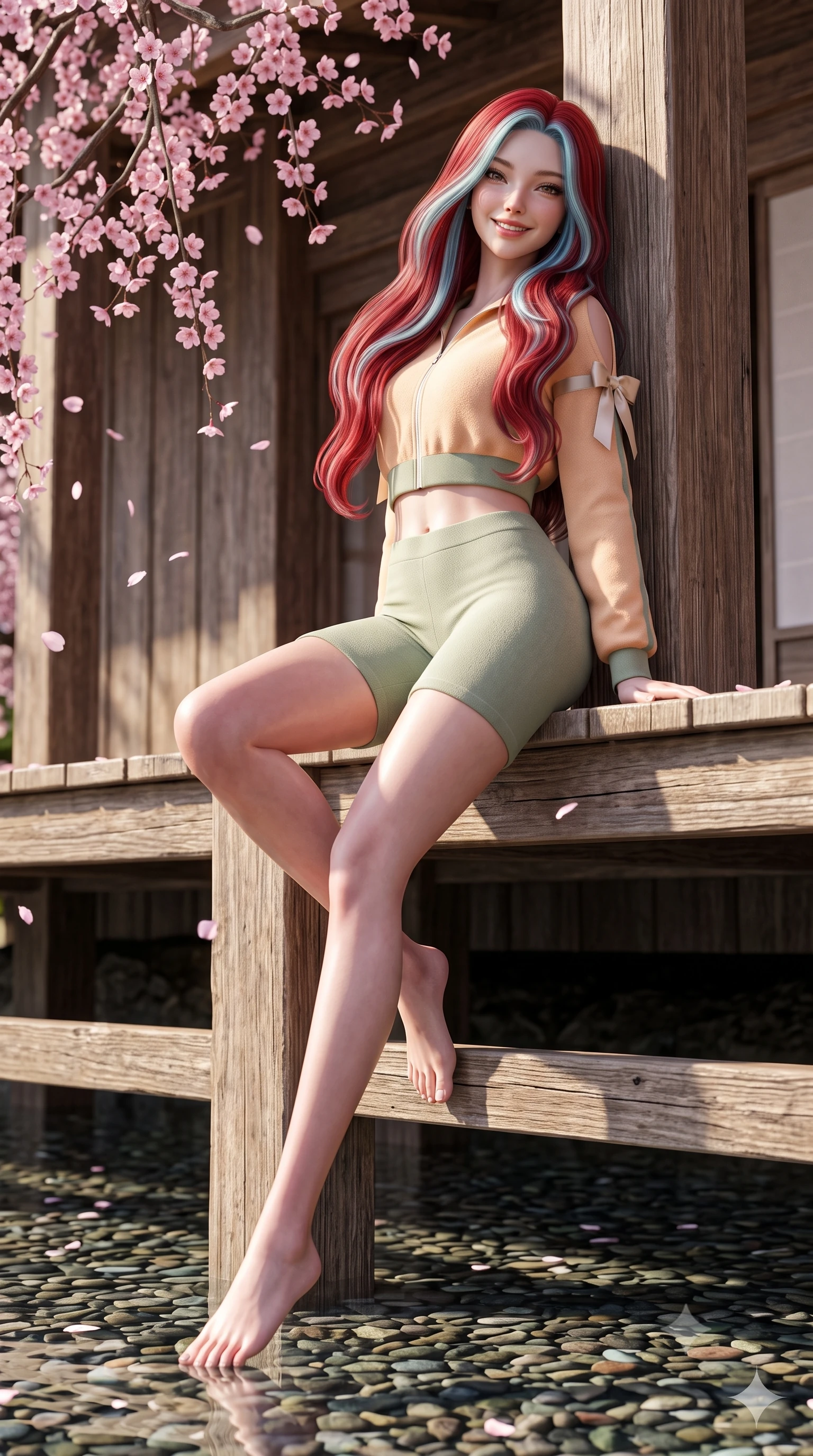 score_9, masterpiece, best quality, ultra-detailed, high-budget anime keyframe, semi-realistic 3D game render, editorial fashion photography, tasteful artistic composition, Caucasian woman. low angle full-body shot from head to toe showing her feet, filling the entire 9:16 vertical frame with her statuesque presence, stretching her vertical silhouette. leaning deep against the sunlit architecture with hips cocked back in a cute yet unapologetically alluring high-fashion stance, flashing a warm beaming smile while sitting on the edge of the elevated wooden kawayuka terrace over the river, arching her back as pink weeping sakura blossoms flutter around her. The surrounding environment is rendered in vivid detail and crisp panoramic clarity. sharp weathered cedar timber grain, delicate cherry blossom petal veins, and river pebble reflections in deep focus. She has an exceptionally tall and slender model-like 8.5-heads proportion, an ultra-slim waist, a flat toned midriff, narrow delicate ribcage, and beautifully sculpted feminine hips creating a graceful, slim hourglass silhouette without any bulky heaviness, with impossibly long slender legs. sharp v-shaped jawline, high-bridge nose, intricate jewel-like sparkling eyes with depth, thick eyelashes, glossy parted lips with a natural peach sheen, bright cheerful beaming smile with an enchanting and coquettish sensual glint, exuding both youthful cute charm and seductive allure, flawlessly proportioned anatomical accuracy, strict slender model proportions, natural body alignment, perfectly sculpted long slender limbs, ultra-slim waistline, clean dynamic posture without body distortion. wearing a sporty chic zip-up crop jacket paired with high-waisted biker shorts clinging to her athletic hips in soft apricot and sage green, crafted from soft cozy cashmere yarn with an airy drape, finished with cute satin bow ribbons tying at the shoulders, the glove-like silhouette tightly following the natural contour of her hips and long slender legs with youthful 8.5-heads elegance. illuminated by gentle water surface reflections sharply defining her razor-sharp jawline, narrow waist, and curvy hips. highly saturated vibrant anime colors, detailed shading with soft gradients, rich glossy textures, high-contrast stereoscopic depth, volumetric dynamic lighting, master piece, 9:16 ratio