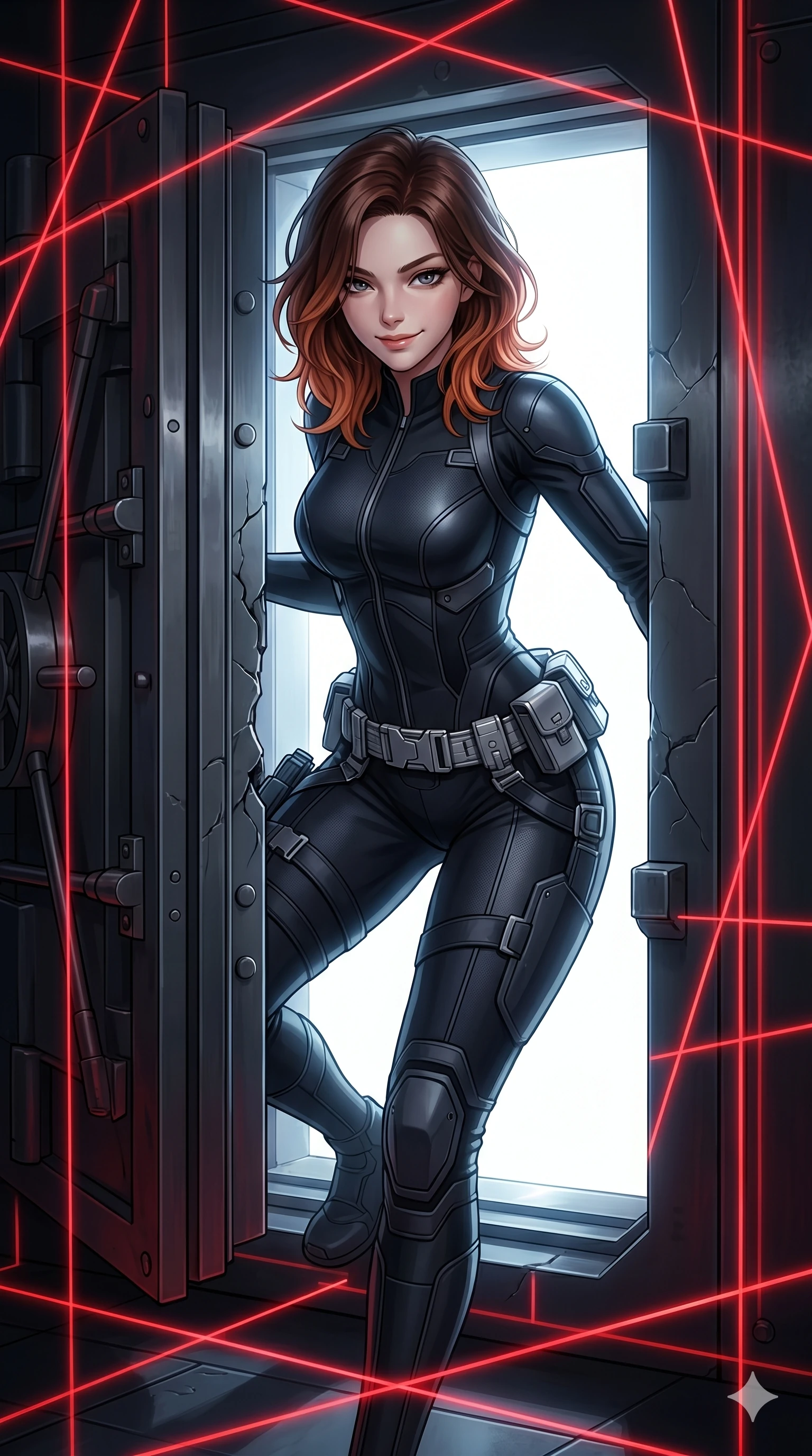 score_9, masterpiece, best quality, ultra-detailed, high-budget anime keyframe, Korean woman. Upper body close-up from the thighs up, character filling the screen for maximum presence. Inside a high-security vault door that has been cracked open, slipping through the opening with a sly, confident half-smile. She is wearing a sleek stealth-jumpsuit with dark matte panels and a silver utility belt. The scene is illuminated by red security laser grids and the bright white light of the vault interior. 2k, ultra detail, master piece, 9:16 ratio