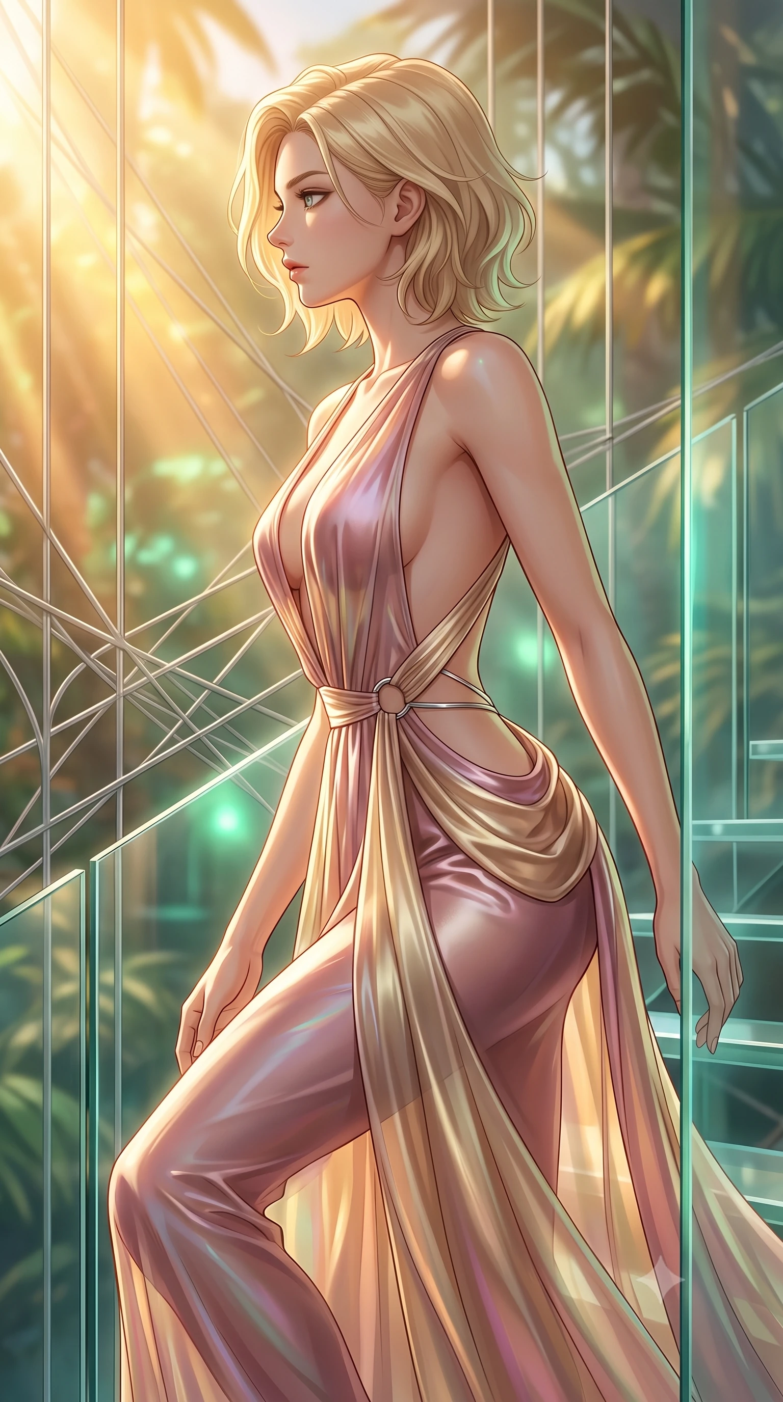 score_9, masterpiece, best quality, ultra-detailed, high-budget anime keyframe, editorial fashion photography, tasteful artistic composition, Caucasian woman. close-up cowboy shot from the waist and thighs up, the character dominates the composition, filling the frame with her large presence, background elements kept in soft focus. Turning her face in sharp profile while her upper body leans forward with poised athletic grace while stepping along a vertical glass staircase enveloped by tropical volumetric sunbeams, sleek platinum wire lattices creating clean architectural line frames. She has an exceptionally elegant, slender, and willowy female figure with an ultra-slim waist, a gracefully sculpted slender torso, and a refined silhouette. sharp v-shaped jawline, high-bridge nose, intricate jewel-like eyes with depth, thick eyelashes, glossy lips with a natural sheen, flawlessly proportioned anatomical accuracy, natural body alignment, perfectly sculpted elegant limbs, clean dynamic posture without body distortion. wearing a translucent iridescent chiffon gown with a plunging neckline and open back in dusty rose and champagne gold, crafted from lustrous satin jersey with fluid draping, accented with delicate chrome ring hardware framing her waist, the elegant draped fit framing her graceful clavicle and slender torso. bathed in warm golden sunlight and soft emerald bioluminescent glow. highly saturated vibrant anime colors, detailed shading with soft gradients, rich glossy textures, high-contrast stereoscopic depth, volumetric dynamic lighting, master piece, 9:16 ratio