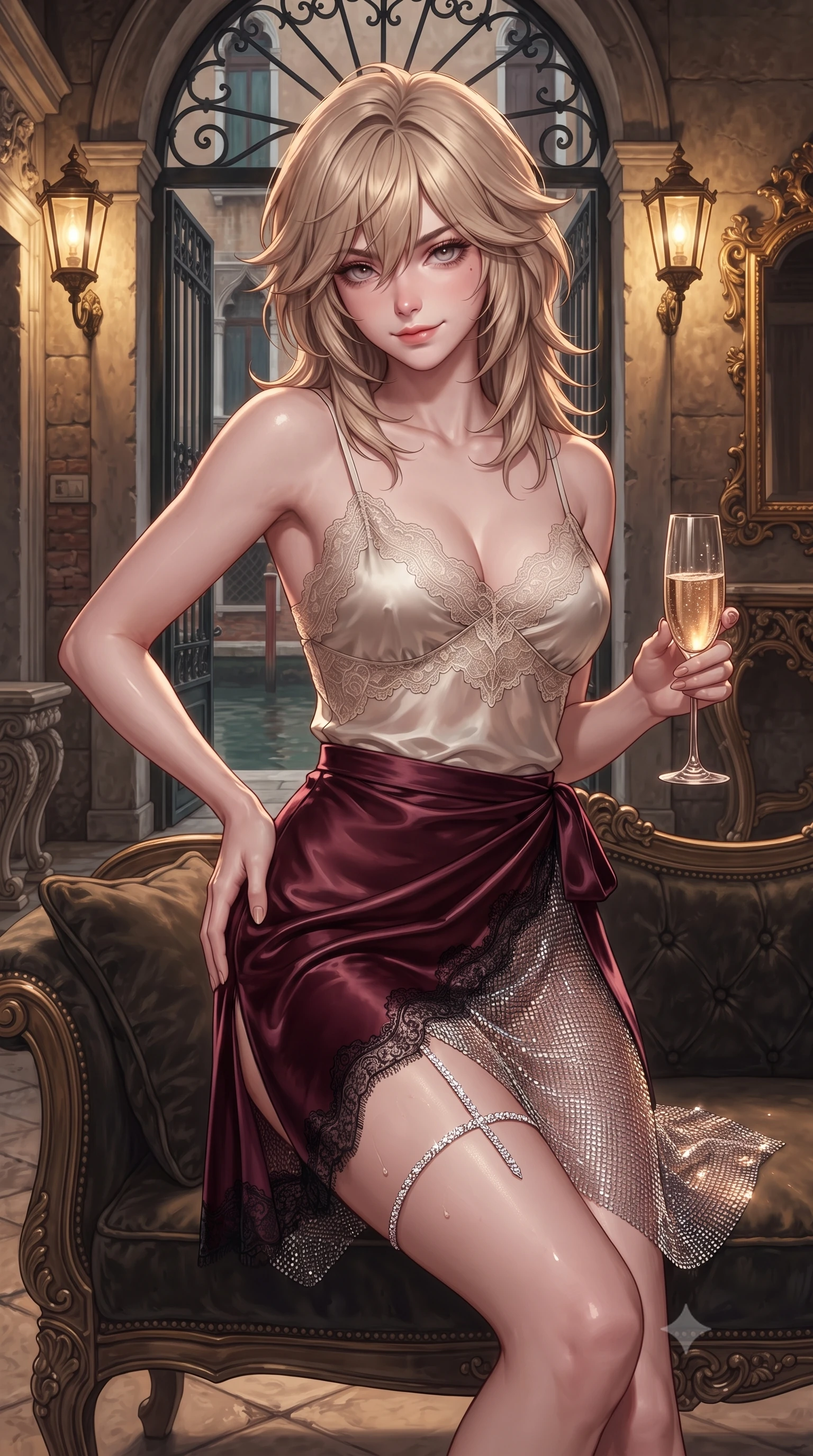 score_9, masterpiece, best quality, ultra-detailed, high-budget anime keyframe, editorial fashion photography, tasteful artistic composition, Japanese woman. close-up cowboy shot from the waist and thighs up, the character dominates the composition, filling the frame with her large presence. tilting her head with a teasing half-smile, running one hand slowly down the side of her hip in a flirtatious S-curve as ambient light caresses her silhouette while lounging on an antique velvet-cushioned settee beside the open canal gate, holding a glass of prosecco with sovereign seductive poise. The surrounding environment is rendered in vivid detail and crisp panoramic clarity: detailed sheer black lace teddy drape, dewy skin highlights, and Venetian palazzo architecture in high resolution. She has an exceptionally elegant, slender, and willowy female figure with an ultra-slim waist, flat toned midriff, narrow ribcage, and sculpted feminine hips creating an alluring, slim hourglass silhouette without bulk. sharp v-shaped jawline, high-bridge nose, sparkling eyes with hypnotic seductive depth, thick curled eyelashes, glossy parted lips with a natural dewy peach sheen, alluring bedroom-eyes with an enchanting coquettish smile, exuding magnetic siren charisma and sophisticated glamour, flawlessly proportioned anatomical accuracy, strict slender model proportions, natural body alignment, perfectly sculpted long slender limbs, ultra-slim waistline, clean dynamic posture without body distortion. wearing a delicate lace-trimmed silk camisole paired with a draped satin wrap sarong mini skirt with high side slit in deep bordeaux velvet and delicate black chantilly, crafted from shimmering fluid chainmail mesh reflecting ambient lights, finished with delicate crystal-encrusted thigh garter straps glinting in the dim light, the precision-cut side openings and low-back scoop framing her graceful spine and the sensual sweep of her slim, toned hips. bathed in the warm golden light of antique brass lanterns mounted on stone walls. ultra-reflective glossy finish, specular highlights, rich textural contrasts, high-contrast stereoscopic depth, volumetric dynamic lighting, 2k, ultra detail, master piece, 9:16 ratio
