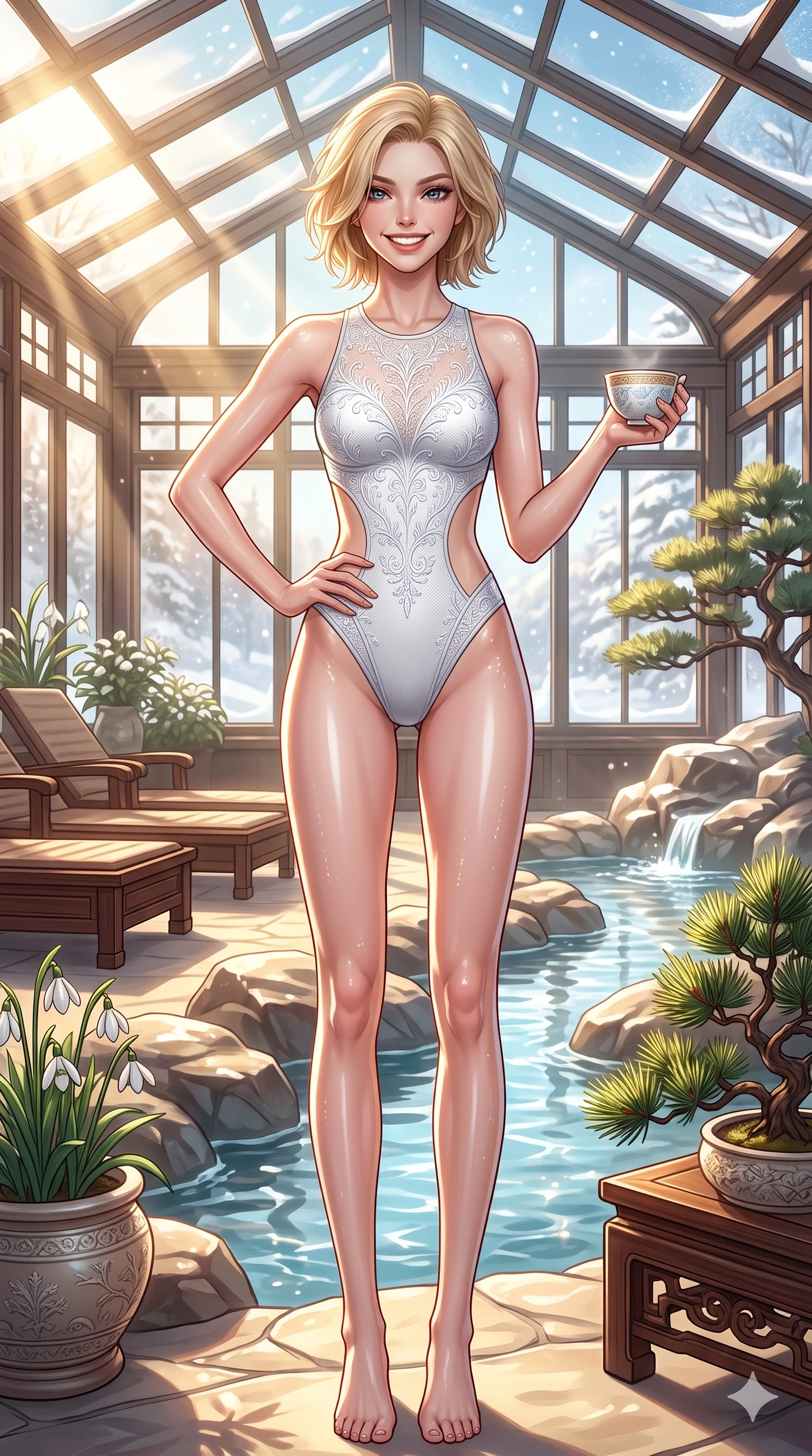 score_9, masterpiece, best quality, ultra-detailed, high-budget anime keyframe, vibrant anime aesthetic, Caucasian woman, strictly human ears. cowboy shot from the thighs up, character and outfit filling the frame for maximum presence. She is standing proud in the winter sun, her lips curved in a warm, lively winter grin inside a luxury spa lounge with sunlit streams in winter (Code-P21-106). She has an absolutely perfect 8-heads proportion, an exceptionally tall and slender female figure with impossibly long slender legs and an ultra-slim waist. V-shaped jawline, high-bridge nose, intricate jewel-like eyes with depth, thick eyelashes, glossy lips with a natural sheen. wearing a high-cut leg bodysuit with exposed waist in winter. She is drenched in warm morning sunshine filtering through the conservatory glass, tracing her winter fit. 2k, ultra detail, master piece, 9:16 ratio