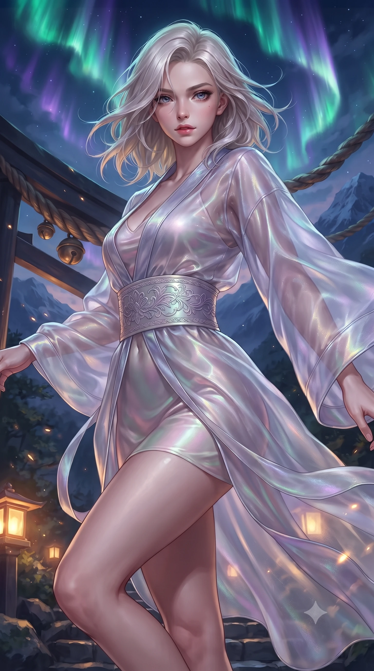 score_9, masterpiece, best quality, ultra-detailed, high-budget anime keyframe, editorial fashion photography, tasteful artistic composition, Caucasian woman. close-up cowboy shot from the waist and thighs up, the character dominates the composition, filling the frame with her large presence. leaning forward with playful, captivating grace, her sculpted collarbones and slender neckline highlighted by directional light while pivoting dynamically as sacred shimenawa ropes sway in the mountain wind, her flowing silk sleeves catching the celestial glow. The surrounding environment is rendered in vivid detail and crisp panoramic clarity. detailed aurora wave ribbons, distant mountain ranges, and sacred bronze bell engravings in high clarity. She has an exceptionally elegant, slender, and willowy female figure with an ultra-slim waist, a gracefully sculpted slender torso, toned flat midriff, and a refined slim silhouette. sharp v-shaped jawline, high-bridge nose, intricate jewel-like eyes with depth, thick eyelashes, glossy lips with a natural sheen, captivating and magnetic expression, flawlessly proportioned anatomical accuracy, strict slender model proportions, natural body alignment, perfectly sculpted long slender limbs, ultra-slim waistline, clean dynamic posture without body distortion. wearing an ethereal moon-goddess gossamer robe worn over a form-contouring pearlescent silk slip in lotus petal pink and jade mist, made of semi-translucent iridescent organza shifting between silver and violet, finished with a wide embroidered waist band emphasizing her slender midriff, the form-contouring material adhering flawlessly to her sculpted flat midriff and slender torso, emphasizing her long leg lines and perfectly proportioned willowy build. bathed in vibrant emerald and violet aurora light overhead and warm golden lantern uplights from below. ultra-reflective glossy finish, specular highlights, rich textural contrasts, high-contrast stereoscopic depth, volumetric dynamic lighting, 2k, ultra detail, master piece, 9:16 ratio