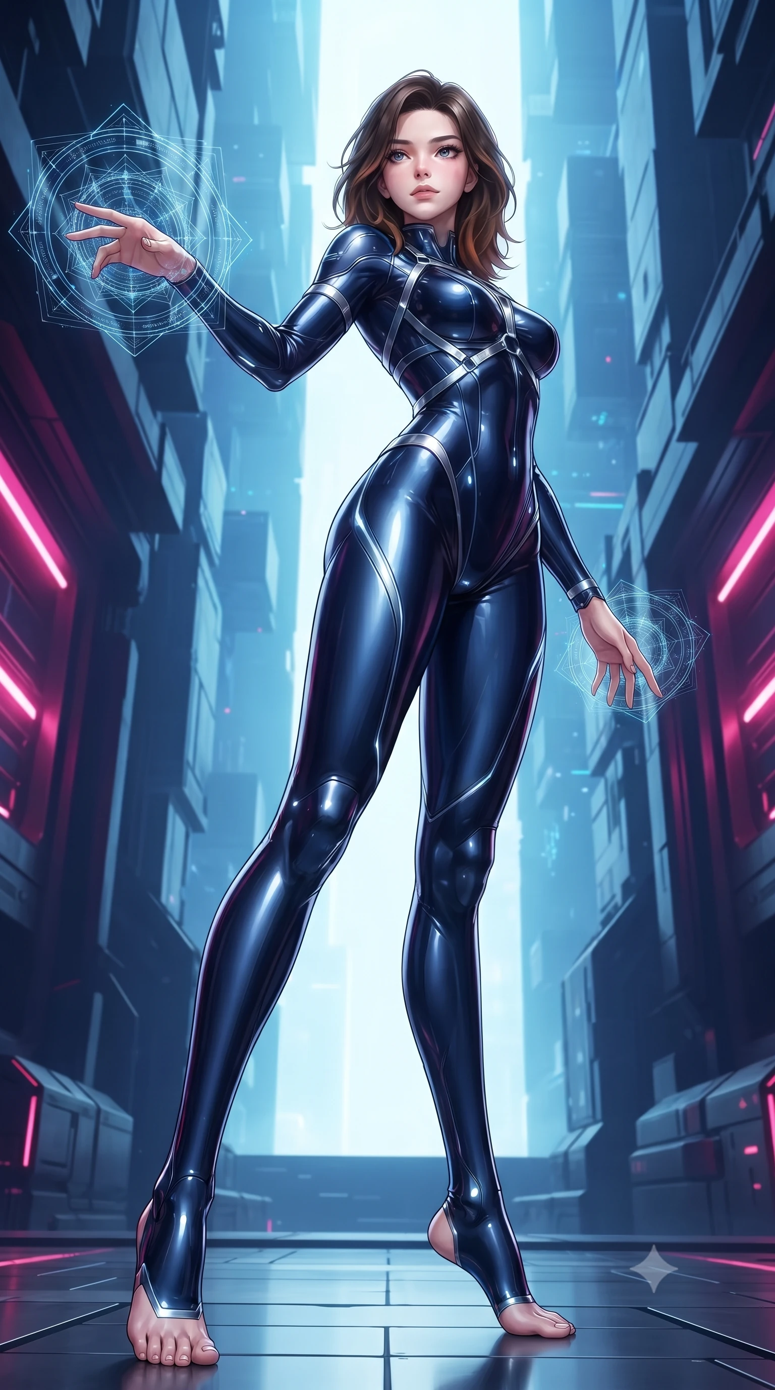 score_9, masterpiece, best quality, ultra-detailed, high-budget anime keyframe, editorial fashion photography, tasteful artistic composition, Korean woman. low angle full-body shot from head to toe showing her feet, filling the entire 9:16 vertical frame with her statuesque presence, stretching her vertical silhouette. pivoting dynamically in mid-motion with a breathtakingly alluring posture, displaying her flawless model proportions, toned flat midriff, and ultra-slim waist while extending one arm with sovereign authority as complex holographic geometric mandalas orbit her fingertips. The surrounding environment is rendered in vivid detail and crisp panoramic clarity. vibrant high-contrast cybernetic lighting and monumental quantum architecture in panoramic precision. She has an absolutely perfect, statuesque 8.5-heads proportion, an exceptionally tall and slender model-like female figure with impossibly long slender legs, a toned flat midriff, and an ultra-slim waist. sharp v-shaped jawline, high-bridge nose, intricate jewel-like eyes with depth, thick eyelashes, glossy lips with a natural sheen, flawlessly proportioned anatomical accuracy, strict slender model proportions, natural body alignment, perfectly sculpted long slender limbs, ultra-slim waistline, clean dynamic posture without body distortion. wearing a statuesque midnight cobalt and polished platinum bodysuit featuring sleek aerodynamic contour lines and glowing circuit accents in deep midnight navy blue and pure starlight chrome, made of liquid jersey fabric that clings flawlessly to every contour of her build, reinforced by a sleek metallic chrome harness and delicate glowing micro-straps, the sleek second-skin cut tightly hugging her graceful clavicle, narrow waist, and feminine curves with athletic precision. surrounded by an omniscient, divine, and radiantly transcendent digital muse aura. ultra-reflective glossy finish, specular highlights, dark metallic sheen, high-contrast stereoscopic depth, volumetric dynamic lighting, 2k, ultra detail, master piece, 9:16 ratio