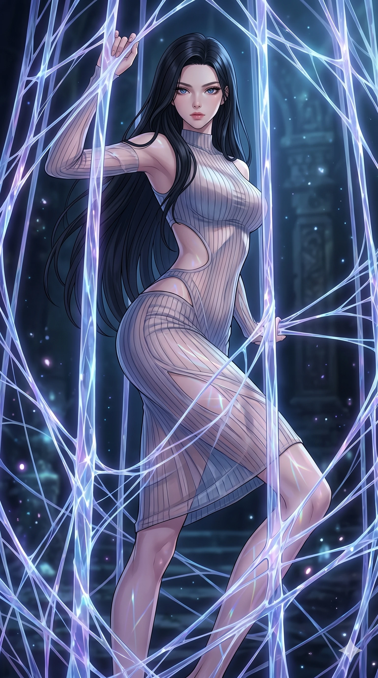 score_9, masterpiece, best quality, ultra-detailed, High-budget Anime Keyframe, East Asian woman. Dynamic full-body shot stretching the vertical silhouette to the limit. Scenario 82: Trapped in a cage of glowing crystalline fibers, body pressing against the bars. Her presence is magnetic and overpowering in this high-budget anime scene. Outfit 82: A ribbed bodycon knit second with a strategic side cut-outs and translucent layers. The clothing is designed to emphasize her exceptionally tall and slender 8-heads proportion. 8-heads proportion, towering silhouette, ultra-slim waist. sharp v-shaped jawline, intricate jewel-like eyes with depth, thick eyelashes, glossy lips. 2k, ultra detail, master piece, 9:16 ratio