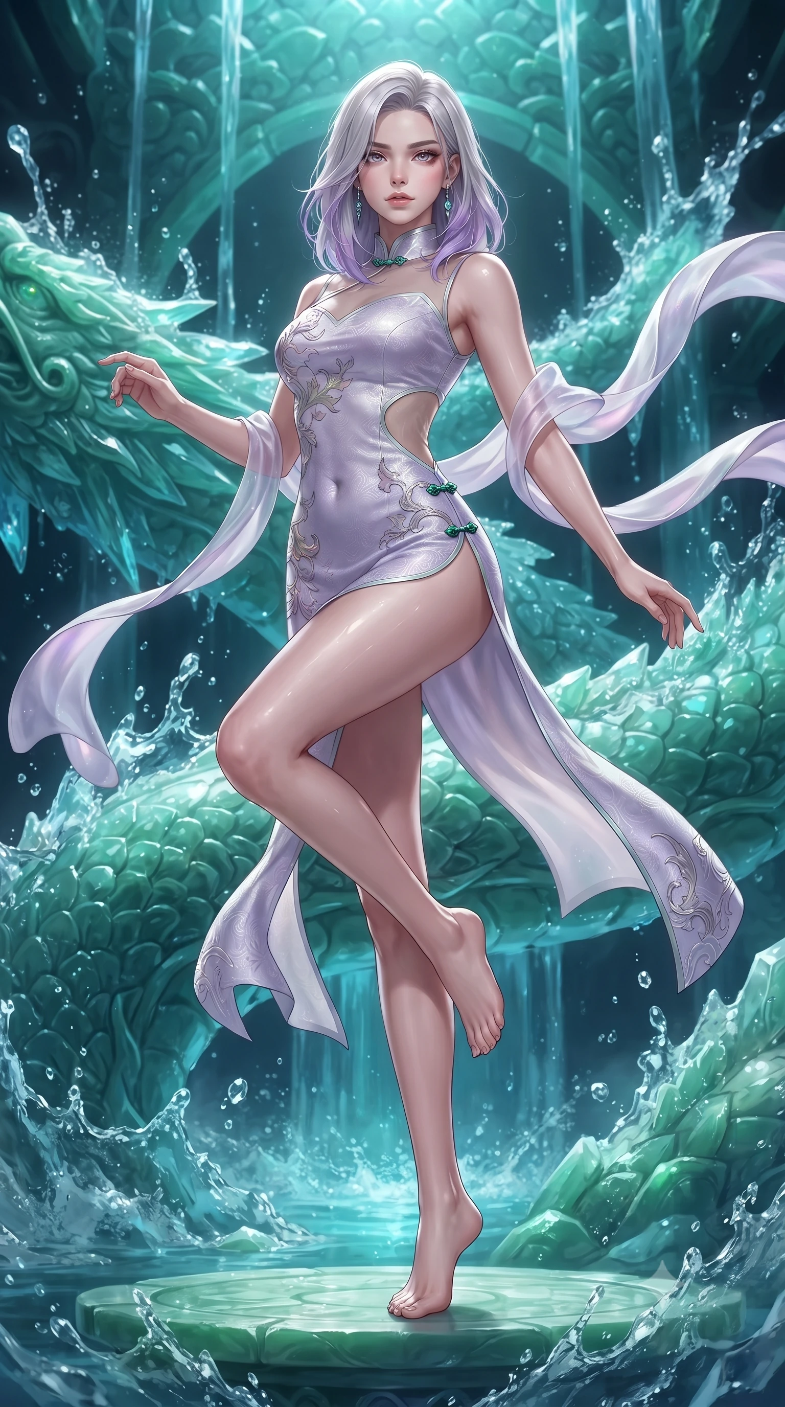 score_9, masterpiece, best quality, ultra-detailed, high-budget anime keyframe, editorial fashion photography, tasteful artistic composition, Caucasian woman. low angle full-body shot from head to toe showing her feet, filling the entire 9:16 vertical frame with her statuesque presence, stretching her vertical silhouette. pivoting dynamically with supreme athletic balance and poise, her impossibly long slender legs creating a breathtaking line while standing poised on a sculpted jade terrace beside a glowing crystalline dragon spring where bioluminescent water cascades. The surrounding environment is rendered in vivid detail and crisp panoramic clarity. sharp carved jade dragon scale textures, crystalline water splash crests, and gold palace inlay in deep focus. She has an absolutely perfect, statuesque 8.5-heads proportion, an exceptionally tall and slender model-like female figure with impossibly long slender legs, a toned flat midriff, and an ultra-slim waist. sharp v-shaped jawline, high-bridge nose, intricate jewel-like eyes with depth, thick eyelashes, glossy lips with a natural sheen, captivating and magnetic expression, flawlessly proportioned anatomical accuracy, strict slender model proportions, natural body alignment, perfectly sculpted long slender limbs, ultra-slim waistline, clean dynamic posture without body distortion. wearing a dragon-embroidered silk cheongsam modern dress with asymmetrical sheer mesh cutouts and high Mandarin collar in ethereal lilac mist and pearlescent white, made of rich textured jacquard silk with dragon scale weave, finished with genuine jade button closures and floating celestial silk ribbons, the precision-cut daring openings accentuating her delicate midriff, graceful bare collarbones, and ultra-slim feminine waistline. illuminated by wet reflective highlights defining her sculpted neck, waistline, and slender legs. ultra-reflective glossy finish, specular highlights, rich textural contrasts, high-contrast stereoscopic depth, volumetric dynamic lighting, 2k, ultra detail, master piece, 9:16 ratio