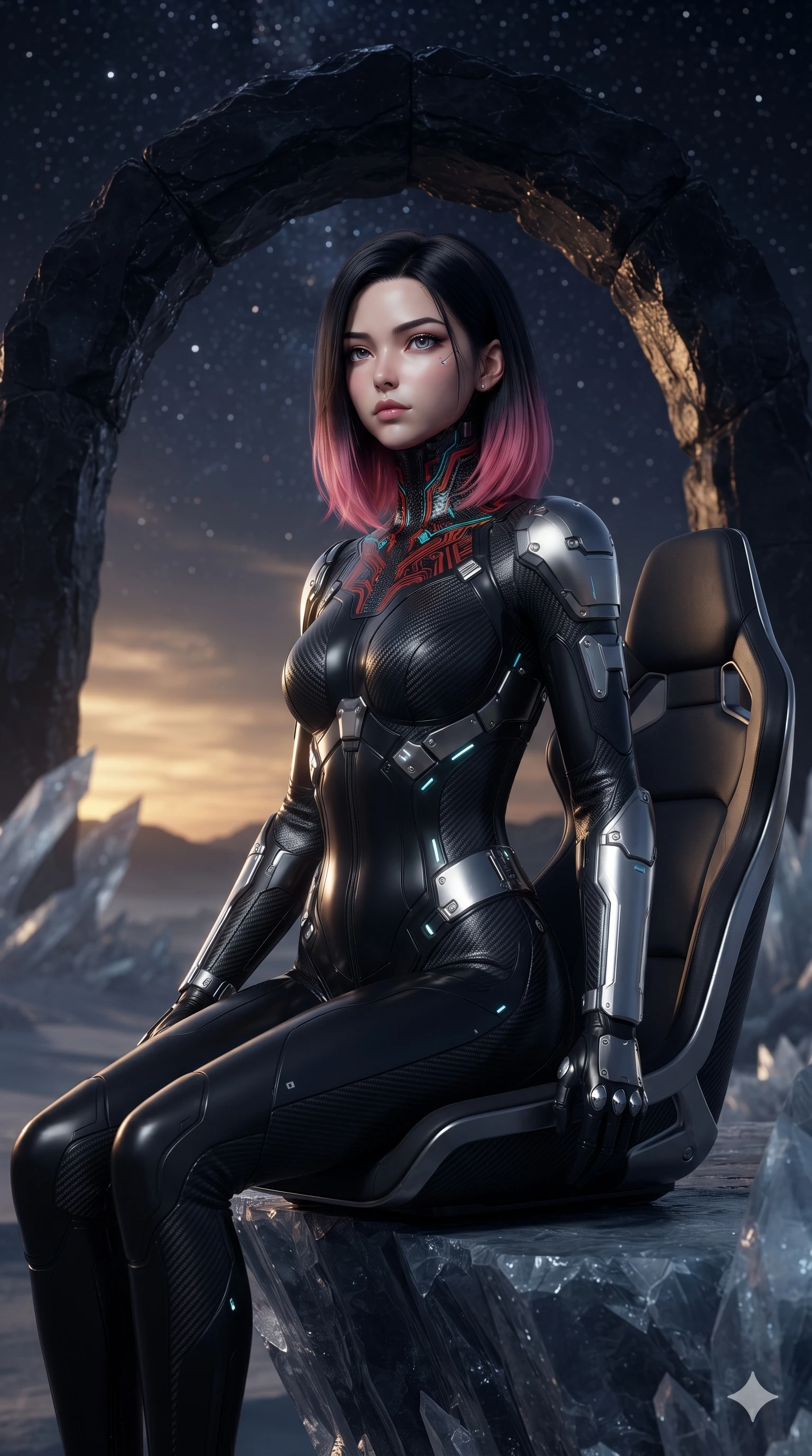 score_9, masterpiece, best quality, ultra-detailed, high-budget anime keyframe, editorial fashion photography, tasteful artistic composition, Korean woman. close-up cowboy shot from the waist and thighs up, the character dominates the composition, filling the frame with her large presence. perched sideways on the pilot seat, one knee drawn up to showcase her slender leg line while her arched back accentuates her feminine hip curve while standing poised at the edge of the crystalline promontory beneath a massive obsidian archway, arching her lower back with sovereign supermodel grace. The background shows a soft-focus faint evening desert haze softened in crystalline dunes sanctuary shallow focus. She has an exceptionally elegant, slender, and willowy female figure with an ultra-slim waist, flat toned midriff, narrow ribcage, and sculpted feminine hips creating an alluring, slim hourglass silhouette without bulk. sharp v-shaped jawline, high-bridge nose, intricate jewel-like sparkling eyes with depth, thick eyelashes, glossy parted lips with a natural sheen, bright confident smile with an enchanting and coquettish sensual glint, exuding both youthful magnetic charm and sovereign high-tech allure, flawlessly proportioned anatomical accuracy, strict slender model proportions, natural body alignment, perfectly sculpted long slender limbs, ultra-slim waistline, clean dynamic posture without body distortion. wearing a form-fitting cybernetic combat suit in matte black latex and carbon fiber, tracing her willowy silhouette with a high neck in cyber-shinto vermilion and laser turquoise, tailored from brushed aeronautical titanium alloy with matte satin sheen, accented with strategically placed chrome armor plate guards covering key curves, the form-fitting tactical tailoring adhering flawlessly to her sculpted flat midriff and slender torso, emphasizing her long leg lines and perfectly proportioned willowy build. bathed in the crisp cool diamond starlight of an unpolluted alien night sky mixed with subtle warm golden sunset remnants at the horizon. ultra-reflective glossy finish, specular highlights, rich textural contrasts, high-contrast stereoscopic depth, volumetric dynamic lighting, 2k, ultra detail, master piece, 9:16 ratio