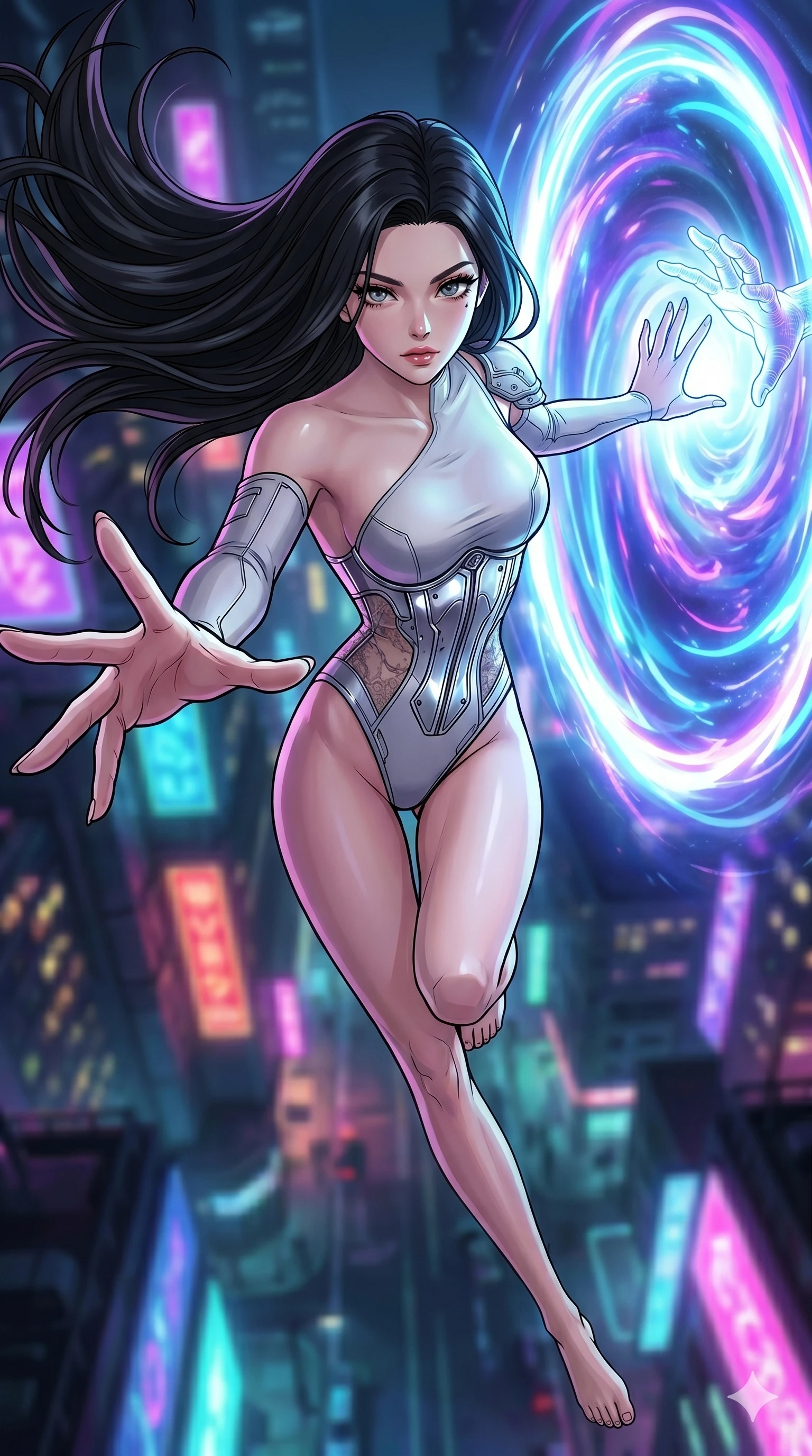 score_9, masterpiece, best quality, ultra-detailed, high-budget anime movie keyframe, cinematic anime lighting, intricate line art, Caucasian (strictly human ears) woman. Extreme high angle shot as she leaps towards the camera, filling the frame. reaching for a hand that is reaching back from a portal of light. She has an absolutely perfect 8-heads proportion, an exceptionally tall and slender female figure with an ultra-slim waist and impossibly long slender legs. strictly human anatomy, two legs only, no extra limbs, clearly defined legs and arms, perfect anatomy, perfect hands and fingers. sharp v-shaped jawline, high-bridge nose, intricate jewel-like eyes, thick eyelashes, glossy lips. Wearing Cyber-Tech Legacy: Asymmetrical high-cut tech-bodysuit with detached sleeves and chrome-plated corset over sheer lace. The scene is illuminated by dramatic atmospheric lighting and vibrant color palettes. , 2k, ultra detail, master piece, 9:16 ratio