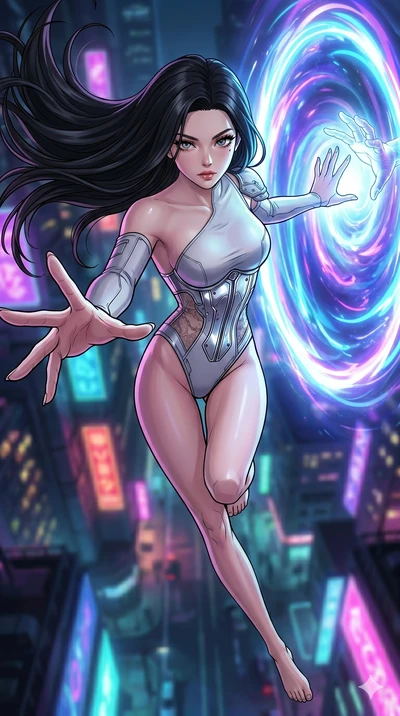 score_9, masterpiece, best quality, ultra-detailed, high-budget anime movie keyframe, cinematic anime lighting, intricate line art, Caucasian (strictly human ears) woman. Extreme high angle shot as she leaps towards the camera, filling the frame. rea