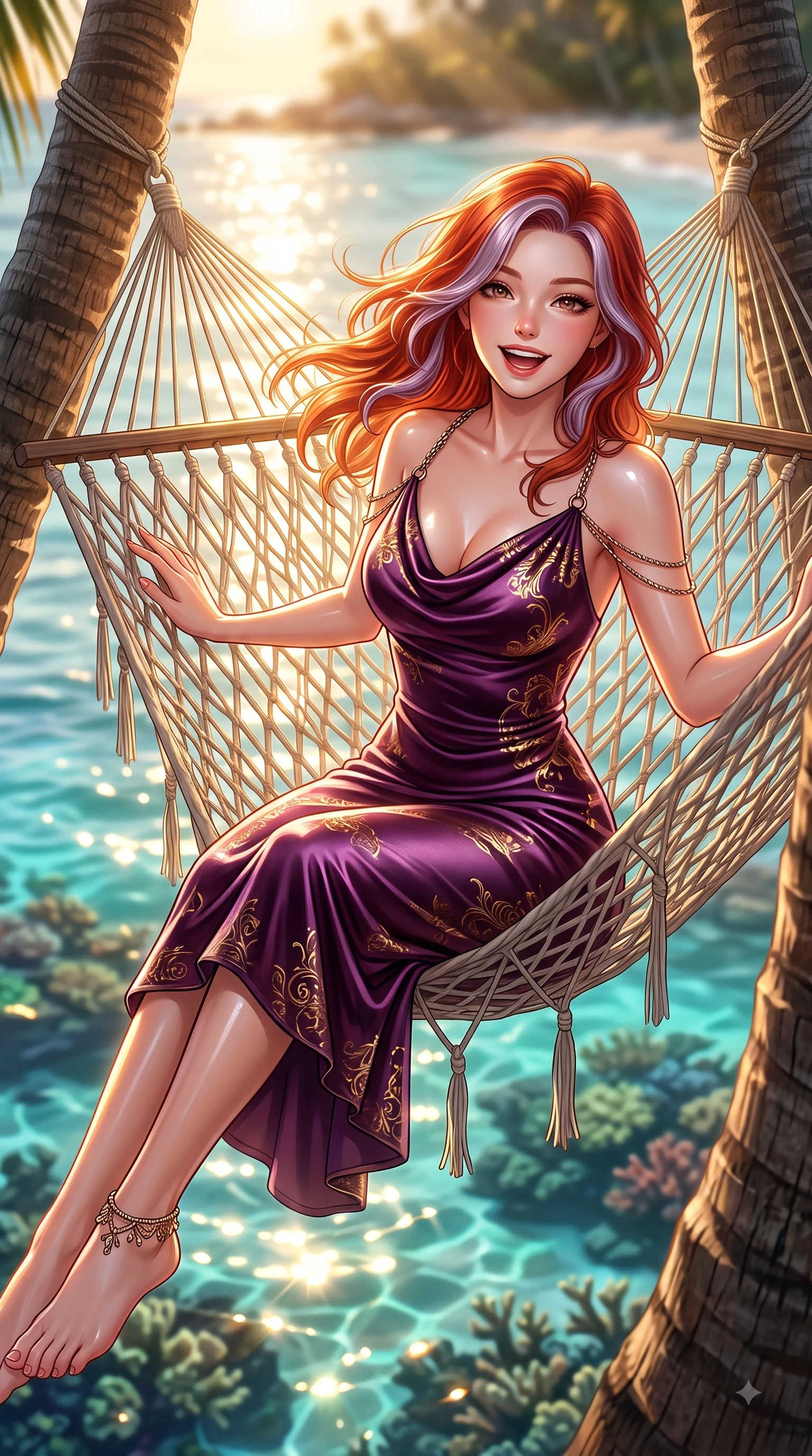 score_9, masterpiece, best quality, ultra-detailed, high-budget anime keyframe, editorial fashion photography, tasteful artistic composition, Caucasian woman. close-up cowboy shot from the waist and thighs up, the character dominates the composition, filling the frame with her large presence, background elements kept in soft focus. Cheerful beaming smile with parted lips, exuding pure enchanting charm while turning dynamically toward the camera while lounging joyfully on a sea-facing hammock suspended between coconut palms at golden hour, crystal-clear turquoise water revealing vibrant coral reefs shimmering beneath bright sunbeams. She has an exceptionally elegant, slender, and willowy female figure with an ultra-slim waist, a gracefully sculpted slender torso, and a refined silhouette. sharp v-shaped jawline, high-bridge nose, intricate jewel-like eyes with depth, thick eyelashes, glossy lips with a natural sheen, flawlessly proportioned anatomical accuracy, natural body alignment, perfectly sculpted elegant limbs, clean dynamic posture without body distortion. wearing an elegant cowl-neck satin midi dress with a graceful draped neckline in plum purple and gold filigree, made of premium stretch velvet with a rich sheen, adorned with delicate metallic chain straps along the neckline, the form-contouring material highlighting her ultra-slim waist and long lines. bathed in brilliant tropical sunshine and glittering ocean water refractions. ultra-reflective glossy finish, specular highlights, metallic sheen, high-contrast stereoscopic depth, volumetric dynamic lighting, 2k, ultra detail, master piece, 9:16 ratio