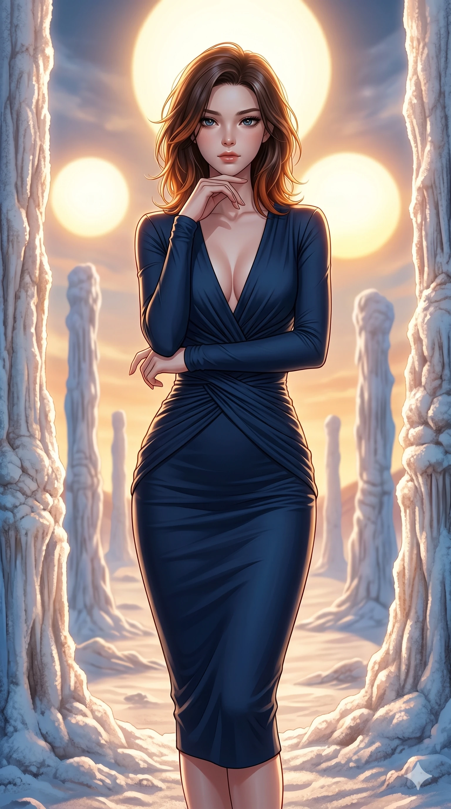 score_9, masterpiece, best quality, ultra-detailed, high-budget anime keyframe, editorial fashion photography, tasteful artistic composition, Korean woman. cowboy shot from the thighs up, character and outfit filling the frame for maximum editorial presence. Resting her chin on the backs of her fingers in a confident pose amidst a surreal desert of white salt pillars under a sky filled with three giant suns. She has an absolutely perfect 8-heads proportion, an exceptionally tall and slender female figure with impossibly long slender legs and an ultra-slim waist. V-shaped jawline, high-bridge nose, intricate jewel-like eyes with depth, thick eyelashes, glossy lips with a natural sheen. wearing a deep-V neck midi dress in midnight blue matte jersey with strategic waist ruching, long slim sleeves, and a form-contouring fit that highlights her elegant proportions. under warm golden hour backlighting creating a luminous radiant halo around her silhouette. 2k, ultra detail, master piece, 9:16 ratio
