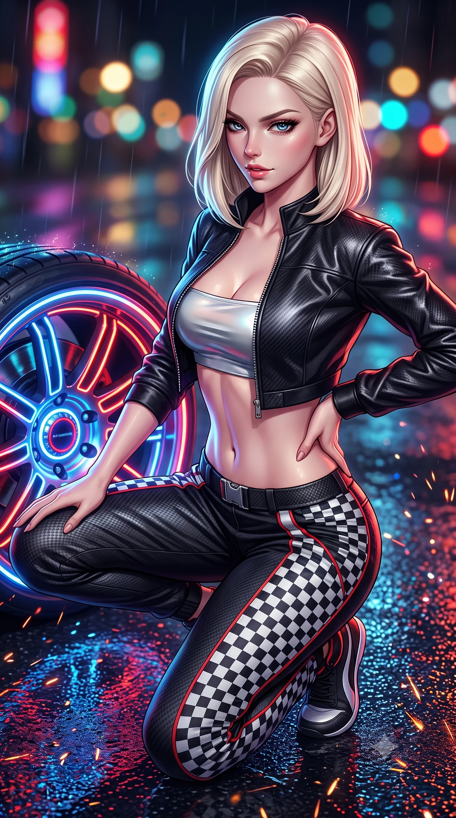 score_9, masterpiece, best quality, ultra-detailed, high-budget anime keyframe, semi-realistic 3D game render, editorial fashion photography, tasteful artistic composition, Caucasian woman. close-up cowboy shot from the waist and thighs up, the character dominates the composition, filling the frame with her large presence. arching her spine in an alluring serpentine S-curve, one hand resting on her waist with parted glossy lips and an intensely magnetic gaze while crouching low beside a glowing neon wheel rim, one hand resting on her thigh, casting an intense, electrifying smirk. The composition keeps background elements in soft focus with creamy bokeh. rain-slicked asphalt reflections and turbo exhaust sparks scattering vivid chromatic light motes. She has an exceptionally elegant, slender, and willowy female figure with an ultra-slim waist, a gracefully sculpted slender torso, toned flat midriff, and a refined slim silhouette. sharp v-shaped jawline, high-bridge nose, intricate jewel-like eyes with depth, thick eyelashes, glossy parted lips with a natural sheen, intensely captivating and seductive expression, flawlessly proportioned anatomical accuracy, strict slender model proportions, natural body alignment, perfectly sculpted long slender limbs, ultra-slim waistline, clean dynamic posture without body distortion. wearing a cropped leather racing jacket unzipped over a reflective silver bandeau top and low-rise carbon track pants in monochrome checkerboard black and white with red accents, made of breathable technical athletic mesh and liquid-finish track nylon, finished with quick-release titanium buckles and neon-reflective piping, the glove-like aerodynamic second-skin fit tightly clinging to her ultra-slender waist and athletic curves without adding bulk, accentuating her razor-sharp statuesque lines and slim hourglass silhouette. surrounded by a fierce, electrifying, and irresistibly intoxicating motorsport queen aura. highly saturated vibrant anime colors, detailed shading with soft gradients, rich glossy textures, high-contrast stereoscopic depth, volumetric dynamic lighting, master piece, 9:16 ratio