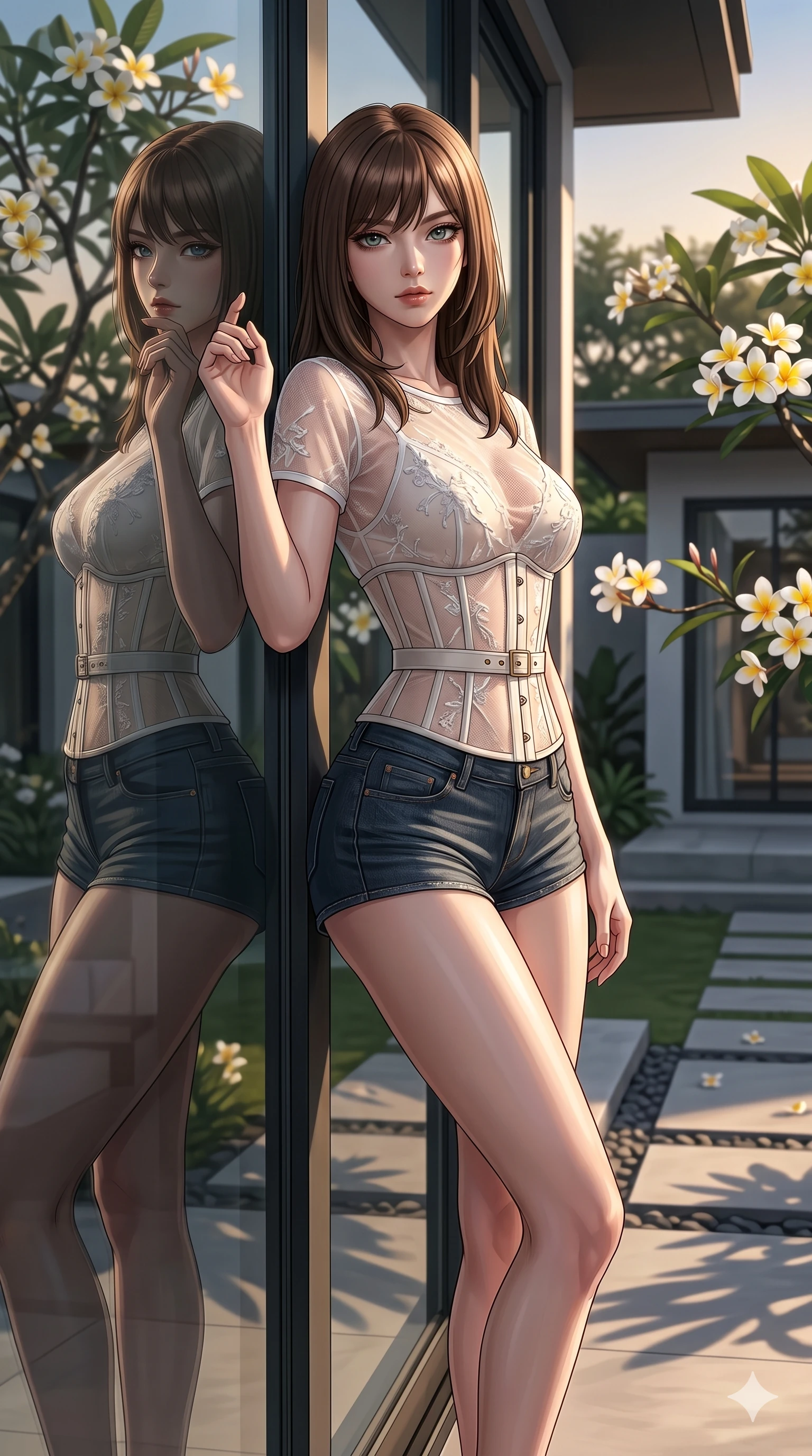 score_9, masterpiece, best quality, ultra-detailed, high-budget anime keyframe, editorial fashion photography, tasteful artistic composition, Korean woman. cowboy shot from the thighs up, character and outfit filling the frame for maximum editorial presence. leaning against the glass window, looking directly into the lens standing under a blooming frangipani tree in a modern resort garden (Code-P19-142). She has an absolutely perfect 8-heads proportion, an exceptionally tall and slender female figure with impossibly long slender legs and an ultra-slim waist. V-shaped jawline, high-bridge nose, intricate jewel-like eyes with depth, thick eyelashes, glossy lips with a natural sheen. wearing a sheer mesh resort top paired with a structured corset and micro-shorts. dramatic chiaroscuro lighting from the setting sun, accentuating her statuesque height. 2k, ultra detail, master piece, 9:16 ratio