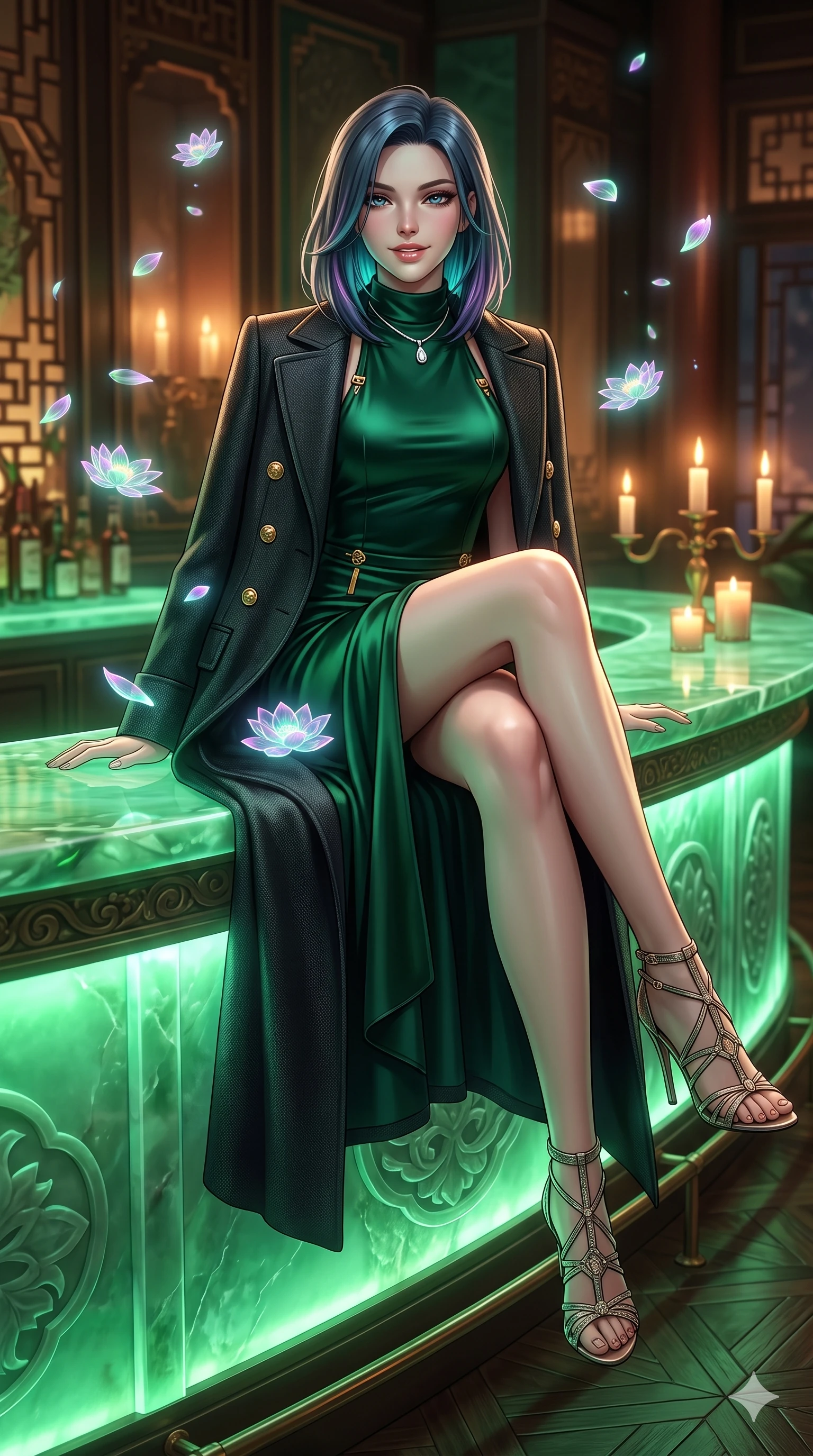 score_9, masterpiece, best quality, ultra-detailed, high-budget anime keyframe, semi-realistic 3D game render, editorial fashion photography, tasteful artistic composition, Caucasian woman. low angle full-body shot from head to toe showing her feet, filling the entire 9:16 vertical frame with her statuesque presence, stretching her vertical silhouette. reclining on her side in an elegant Cleopatra pose with one knee drawn up, the dramatic contour of her rounded hips and long slender legs commanding the 9:16 vertical frame while perched gracefully on the carved jade bar counter stool with legs crossed, flashing an enchanting smile with parted glossy lips as floating holographic lotus petals drift past. The surrounding environment is rendered in vivid detail and crisp panoramic clarity: intricate second-skin silk dress tailoring, jeweled clasp hardware, and luxury Oriental modern interior design in razor-sharp precision. She has an exceptionally tall and slender model-like 8.5-heads proportion, an ultra-slim waist, a flat toned midriff, narrow delicate ribcage, and beautifully sculpted feminine hips creating a graceful, slim hourglass silhouette without any bulky heaviness, with impossibly long slender legs. sharp v-shaped jawline, high-bridge nose, intricate jewel-like sparkling eyes with depth, thick eyelashes, glossy parted lips with a natural sheen, intensely captivating and seductive bedroom-eyes expression, exuding both youthful cute charm and sovereign luxury allure, flawlessly proportioned anatomical accuracy, strict slender model proportions, natural body alignment, perfectly sculpted long slender limbs, ultra-slim waistline, clean dynamic posture without body distortion. wearing a structured Belle Époque cashmere opera greatcoat with polished brass crest buttons layered over a high-neck slip in deep emerald green satin and gold hardware accents, woven from high-density tech-wool with subtle metallic thread weave, finished with a minimalist chrome choker and a single teardrop diamond pendant, the impeccably tailored cut draping gracefully along her slender figure with aristocratic poise. bathed in the ethereal, soothing emerald-green luminescence of the backlit jade counter combined with warm candlelit accent lights. highly saturated vibrant anime colors, detailed shading with soft gradients, rich glossy textures, high-contrast stereoscopic depth, volumetric dynamic lighting, master piece, 9:16 ratio