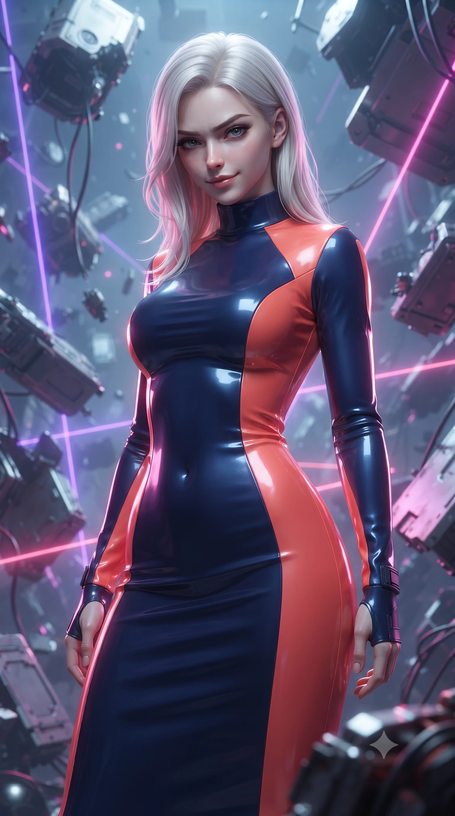 score_9, masterpiece, best quality, ultra-detailed, high-budget anime keyframe, editorial fashion photography, tasteful artistic composition, realistic cosplay photography, Caucasian woman, strictly human ears. close-up cowboy shot from the waist and thighs up, the character dominates the composition, filling the frame with her large presence, background elements kept in soft focus. Looking down at the opponent with quiet, menacing intensity and a cold half-smile. set against a soft-focus background of a space junk repository where heavy metal plates, wires, and broken hulls float and collide in zero gravity. She has an exceptionally elegant and slender, willowy female figure with an ultra-slim waist, a gracefully sculpted slender torso, and a refined slim physique. sharp v-shaped jawline, high-bridge nose, intricate jewel-like eyes with depth, thick eyelashes, glossy lips with a natural sheen. wearing tailored for maximum mobility, sleek form-contouring panels that allow fluid movement, a form-contouring precision-fitted long-sleeve knit midi dress in a vibrant color block of navy and warm coral, contouring her slender torso. laser lines of violet and hot pink reflecting off surfaces casting geometric neon highlights. ultra-reflective glossy finish, specular highlights, metallic sheen, high-contrast stereoscopic depth, volumetric dynamic lighting, 2k, ultra detail, master piece, 9:16 ratio