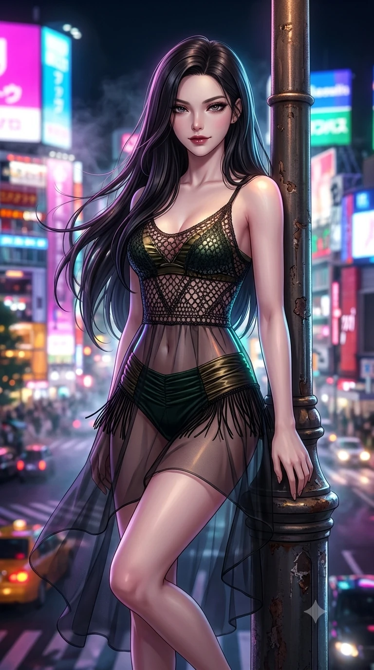 score_9, masterpiece, best quality, ultra-detailed, high-budget anime keyframe, semi-realistic 3D game render, editorial fashion photography, tasteful artistic composition, Korean woman. close-up cowboy shot from the waist and thighs up, the character dominates the composition, filling the frame with her large presence. leaning against a historic cast-iron lamppost with one knee bent, night mist drifting through her hair as her dark outfit traces her feminine curves while twisting her slender torso in an alluring contrapposto stance above the glowing megalopolis, electric neon reflections contouring her waist and hips. The background shows a soft-focus the iconic Shibuya scramble crossing, giant LED video billboards, and dense sea of neon lights blurred into electric magenta, cyan, and amber bokeh. She has an exceptionally elegant, slender, and willowy female figure with an ultra-slim waist, flat toned midriff, narrow ribcage, and sculpted feminine hips creating an alluring, slim hourglass silhouette without bulk. sharp v-shaped jawline, high-bridge nose, intricate jewel-like dark sparkling eyes with dangerous depth, thick curled eyelashes, glossy parted lips with a rich wine sheen, smoldering seductive half-smile with bedroom-eyes, exuding effortless superiority and intoxicating dark allure, flawlessly proportioned anatomical accuracy, strict slender model proportions, natural body alignment, perfectly sculpted long slender limbs, ultra-slim waistline, clean dynamic posture without body distortion. wearing a delicate semi-sheer openwork crochet knit slip worn over a metallic micro-bandeau and ruched briefs in deep velvet forest green and antique brass, crafted from layered gossamer black organza with weightless, smoky flutter, finished with delicate jet-black micro-fringe fluttering softly along her hips with each step, the glove-like silhouette tightly following the natural contour of her hips and long slender legs with youthful 8.5-heads elegance. bathed in the blinding, radiant glow of a hundred giant LED screens washing upward from the street level. highly saturated vibrant anime colors, detailed shading with soft gradients, rich glossy textures, high-contrast stereoscopic depth, volumetric dynamic lighting, master piece, 9:16 ratio