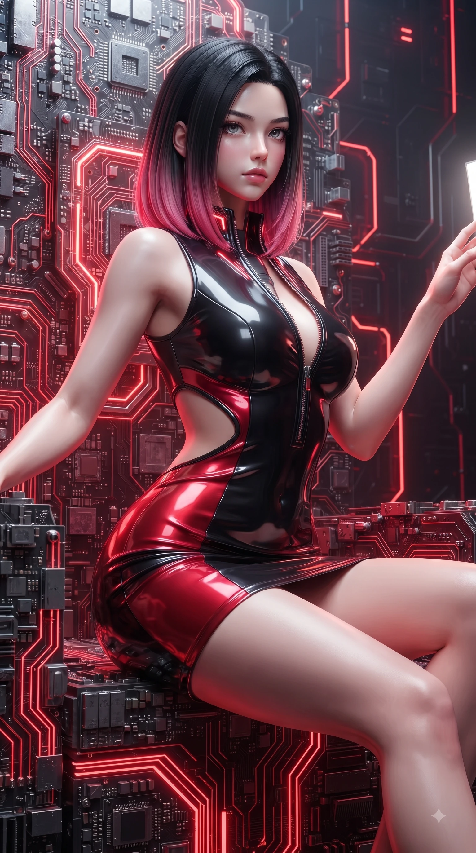 score_9, masterpiece, best quality, ultra-detailed, high-budget anime keyframe, editorial fashion photography, tasteful artistic composition, Korean woman. close-up cowboy shot from the waist and thighs up, the character dominates the composition, filling the frame with her large presence. extending one arm gracefully toward the light while her torso arches in a sleek, alluring curve with magnetic intensity while seated dynamically on a commanding throne of calcified logic boards and glowing red circuits. The surrounding environment is rendered in vivid detail and crisp panoramic clarity. intricate circuit board textures, glowing crimson conduits, and polished obsidian throne details in deep focus. She has an exceptionally elegant, slender, and willowy female figure with an ultra-slim waist, a gracefully sculpted slender torso, and a refined silhouette. sharp v-shaped jawline, high-bridge nose, intricate jewel-like eyes with depth, thick eyelashes, glossy lips with a natural sheen, flawlessly proportioned anatomical accuracy, natural body alignment, perfectly sculpted elegant limbs, clean dynamic posture without body distortion. wearing a second-skin fashion-latex mini dress with a clean architectural front, featuring an open-back design that wraps around the sides of her waist, showcasing her slender silhouette in glossy obsidian black and radiant crimson red, made of liquid metal jersey that clings flawlessly to every contour of her build, featuring a dangerously unzipped neckline framed by glowing cybernetic accents, the form-contouring second-skin material highlighting her ultra-slim waist and long lines. bathed in bright white studio flash light and sharp crimson rim lighting outlining her silhouette. ultra-reflective glossy finish, specular highlights, metallic sheen, high-contrast stereoscopic depth, volumetric dynamic lighting, 2k, ultra detail, master piece, 9:16 ratio