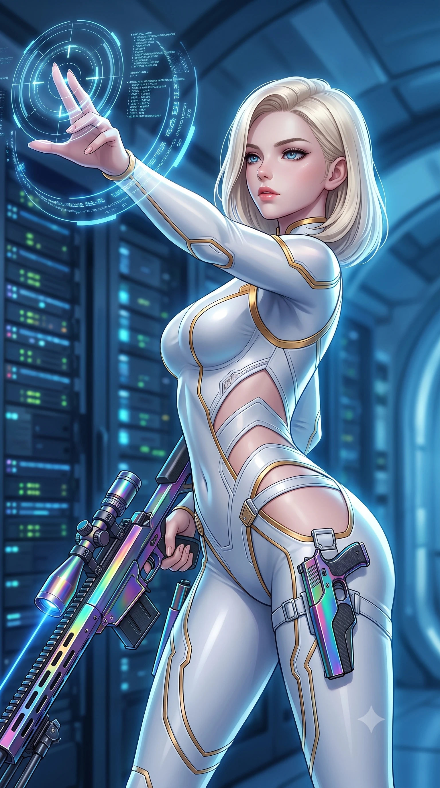 score_9, masterpiece, best quality, ultra-detailed, high-budget anime keyframe, semi-realistic 3D game render, editorial fashion photography, tasteful artistic composition, Caucasian woman. close-up cowboy shot from the waist and thighs up, the character dominates the composition, filling the frame with her large presence. extending one arm gracefully as glowing holographic targeting reticles and data streams orbit her fingertips with sovereign power while arching her back in a fluid roll as dual laser aiming beams cut through the blue aquatic ambient gloom. The composition keeps background elements in soft focus with creamy bokeh. server rack LED status lights and pressurized glass arches softened by shallow cinematic depth of field. She has an exceptionally elegant, slender, and willowy female figure with an ultra-slim waist, a gracefully sculpted slender torso, toned flat midriff, and a refined slim silhouette. sharp v-shaped jawline, high-bridge nose, intricate jewel-like eyes with depth, thick eyelashes, glossy lips with a natural sheen, flawlessly proportioned anatomical accuracy, strict slender model proportions, natural body alignment, perfectly sculpted long slender limbs, ultra-slim waistline, clean dynamic posture without body distortion. wearing a form-contouring arctic white carbon-composite battle-suit with solar gold trim and diagonal midriff vents, aiming a precision carbon-fiber railgun sniper rifle with divine focus in high-gloss iridescent rainbow carbon with prism holographic sheen, made of lightweight aerodynamic carbon-titanium alloy with polished edge bevels, detailed with magnetic weapon holsters and polished chrome connection clasps, the precision-cut daring openings accentuating her delicate midriff, graceful bare collarbones, and ultra-slim feminine waistline. illuminated by crisp white key light and sharp specular highlights tracing her slender curves. rich saturated anime colors with glowing neon highlights, detailed shading with soft gradients, rich glossy textures, high-contrast stereoscopic depth, volumetric dynamic lighting, master piece, 9:16 ratio