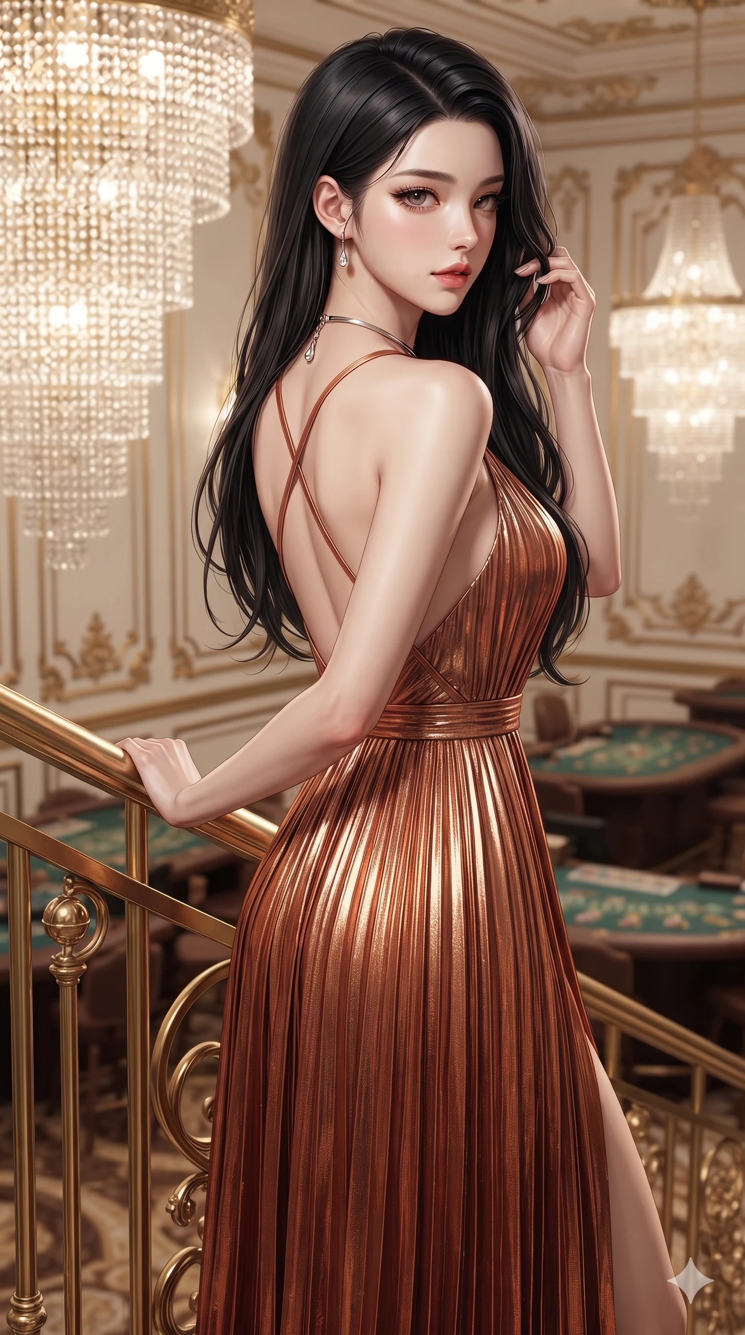 score_9, masterpiece, best quality, ultra-detailed, high-budget anime keyframe, editorial fashion photography, tasteful artistic composition, Korean woman. close-up cowboy shot from the waist and thighs up, the character dominates the composition, filling the frame with her large presence. gently brushing a lock of hair behind her ear while casting a playful, flirtatious side-gaze with long eyelashes while pausing mid-stair against the ornate gilded brass handrail with hips cocked back, glancing over a bare shoulder with smoldering bedroom-eyes. The composition keeps background elements in soft focus with creamy bokeh: monumental cascading crystal chandeliers, gilded rococo wall moldings, and distant high-roller casino gaming tables blurred into champagne, ruby, and gold bokeh. She has an exceptionally elegant, slender, and willowy female figure with an ultra-slim waist, flat toned midriff, narrow ribcage, and sculpted feminine hips creating an alluring, slim hourglass silhouette without bulk. sharp v-shaped jawline, high-bridge nose, intricate jewel-like eyes with depth, thick eyelashes, glossy parted lips with a natural sheen, intensely captivating and seductive bedroom-eyes expression, flawlessly proportioned anatomical accuracy, strict slender model proportions, natural body alignment, perfectly sculpted long slender limbs, ultra-slim waistline, clean dynamic posture without body distortion. wearing a shimmering pleated metallic lamé gown with delicate crossover back straps and regal silhouette in warm Tuscan ochre and terracotta sienna, tailored from high-gloss patent leather with mirror-like specular highlights, finished with a minimalist chrome choker and a single teardrop diamond pendant, the impeccably tailored cut draping gracefully along her slender figure with aristocratic poise. illuminated by crisp directional spotlights sharply defining her sculpted collarbones, ultra-slim waist, and curvy hips. ultra-reflective glossy finish, specular highlights, rich textural contrasts, high-contrast stereoscopic depth, volumetric dynamic lighting, 2k, ultra detail, master piece, 9:16 ratio