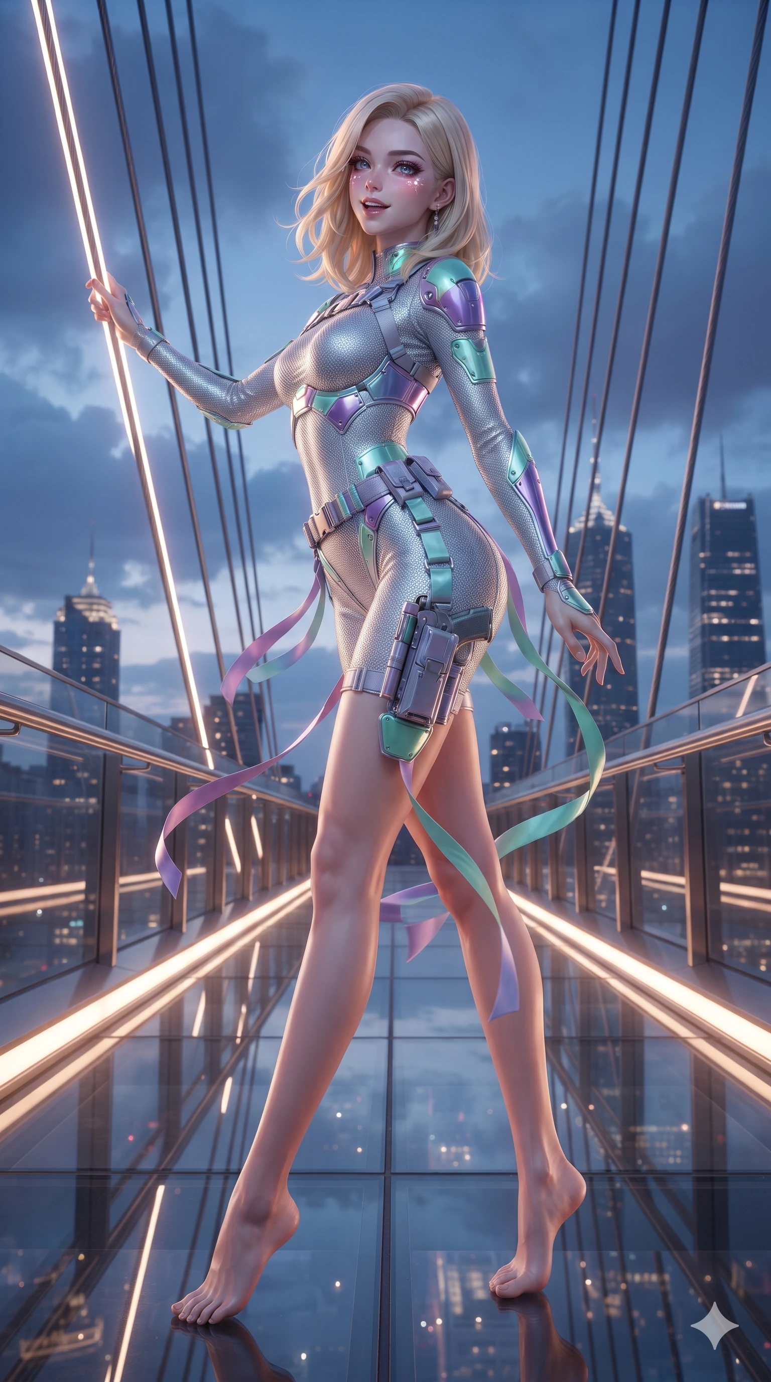 score_9, masterpiece, best quality, ultra-detailed, high-budget anime keyframe, editorial fashion photography, tasteful artistic composition, Korean woman. low angle full-body shot from head to toe showing her feet, filling the entire 9:16 vertical frame with her statuesque presence, stretching her vertical silhouette. executing a cheerful mid-motion pivot turn as her tactical belt and ribbons flutter around her slender legs, glancing over her shoulder with an intoxicating, teasing bedroom-gaze while leaning against the glowing skybridge structural cables with hips cocked back, gazing through the twilight clouds with intoxicating bedroom-eyes. The surrounding environment is rendered in vivid detail and crisp panoramic clarity: sharp glass skybridge floor joint seams, high-tension carbon suspension cables, and crisp distant skyscraper spires in deep focus. She has an absolutely perfect, statuesque 8.5-heads proportion, an exceptionally tall and slender model-like female figure with impossibly long slender legs, an ultra-slim waist, a flat toned midriff, narrow delicate ribcage, and beautifully sculpted feminine hips creating a graceful, slim hourglass silhouette without any bulky heaviness. sharp v-shaped jawline, high-bridge nose, intricate jewel-like sparkling eyes with depth, thick eyelashes, glossy parted lips with a natural sheen, bright confident smile with an enchanting and coquettish sensual glint, exuding both youthful magnetic charm and sovereign high-tech allure, flawlessly proportioned anatomical accuracy, strict slender model proportions, natural body alignment, perfectly sculpted long slender limbs, ultra-slim waistline, clean dynamic posture without body distortion. wearing a form-contouring delicate silver nano-mesh bodysuit with strategically placed chrome armor plate guards covering key curves in phosphorescent ultraviolet amethyst and mint green, woven from stretch metallic lurex jersey casting radiant starlight glints across her curves, finished with polished chrome buckle hardware and modular magnetic holster clasps, the high-slit tactical tailoring accentuating her ultra-slim waistline and the enchanting curve of her feminine hips with alluring seductive charm. bathed in the ethereal twilight skyglow combined with warm under-rail LED strip lighting and glittering city reflections from below. ultra-reflective glossy finish, specular highlights, rich textural contrasts, high-contrast stereoscopic depth, volumetric dynamic lighting, 2k, ultra detail, master piece, 9:16 ratio